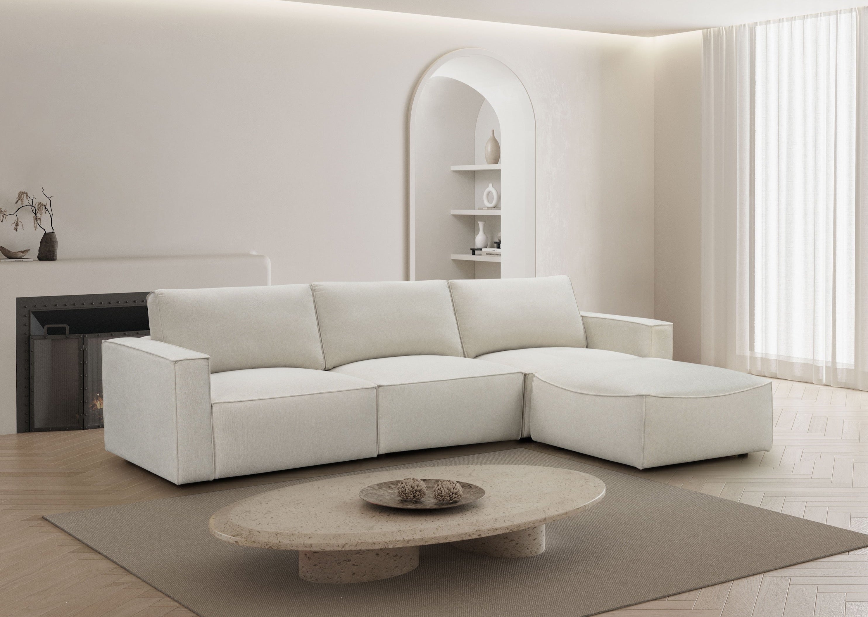 Stylish Maui 3-Seater Sofa with Ottoman in Elk Oat Fabric - Perfect for Living Room, Lounge, and Family Room Comfort