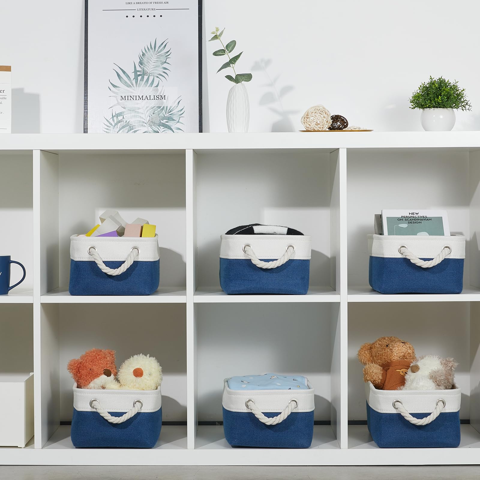Bidtakay 6-Pack Small Canvas Storage Baskets with Handles - Navy Blue & White Fabric Storage Bins 11.8