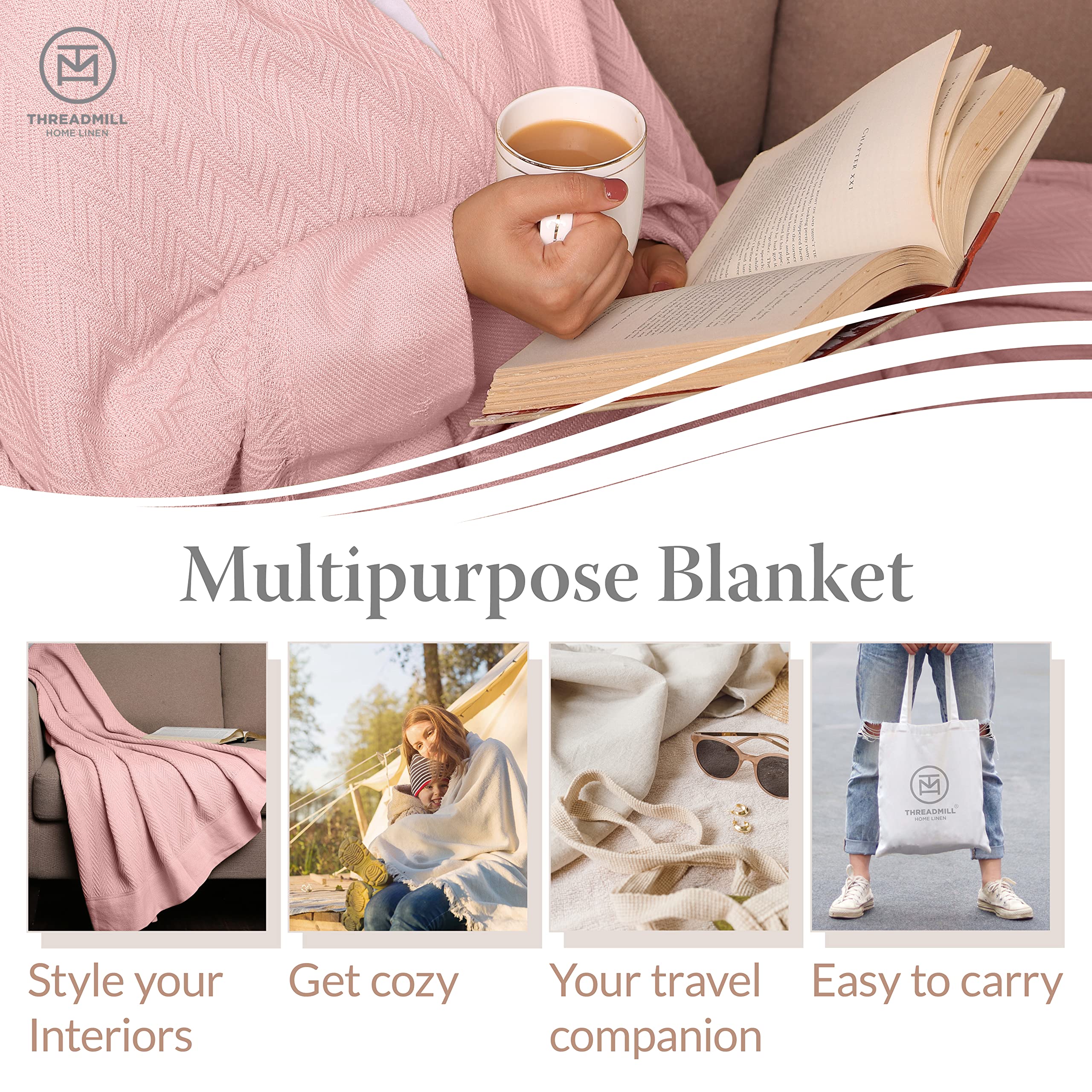 Luxury 100% Cotton Twin Blanket - Herringbone Weave Soft & Cozy All-Season Bed Blanket | 350GSM Premium Thermal Blanket for Fall & Winter | 68x92 Inches Twin Size Blanket for Bedroom, Guest Room & Dorm | English Rose Design