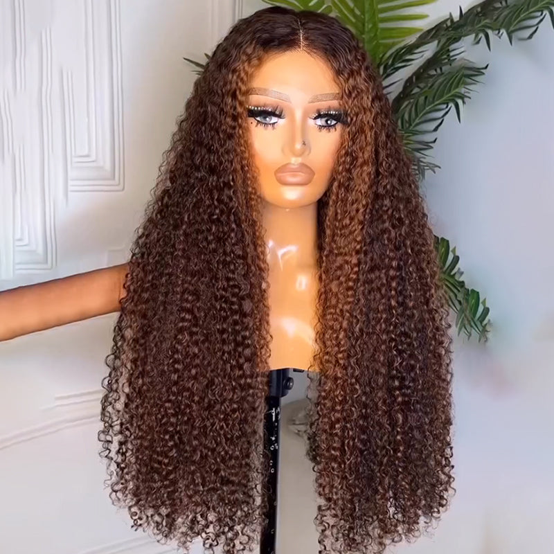 Eullair Honey Brown Highlights Kinky Curly Human Hair Lace Front Wig - Pre-Colored Glueless Lace Frontal Wig for Women | Natural Look for Daily Wear, Parties & Special Occasions
