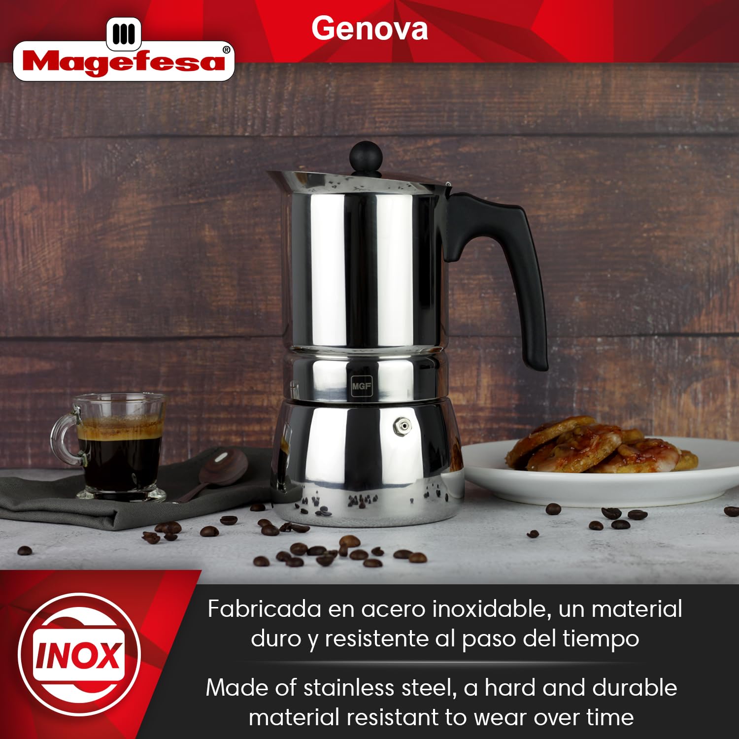 MAGEFESA Genova Stovetop Espresso Maker - 4 Cup (6.5 oz) Italian Moka Pot - 18/10 Stainless Steel Induction Compatible Coffee Maker - Perfect for Home, Office & Camping Use