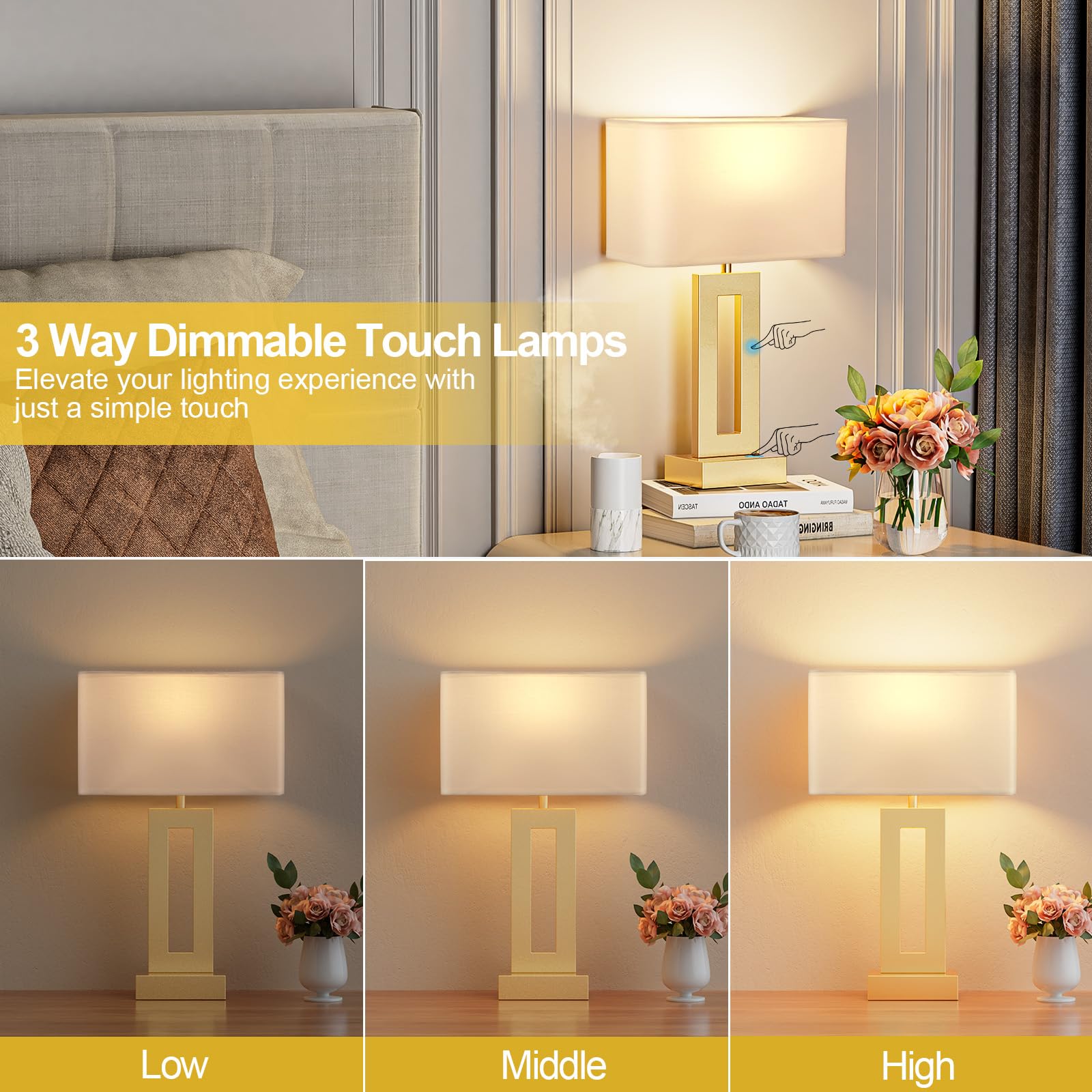 Modern Touch Control Table Lamps Set of 2 with USB C/A Charging - 3-Way Dimmable Gold Nightstand Lamps for Bedroom, Living Room & Office - Perfect for Reading, Working & Bedside Lighting (16.4