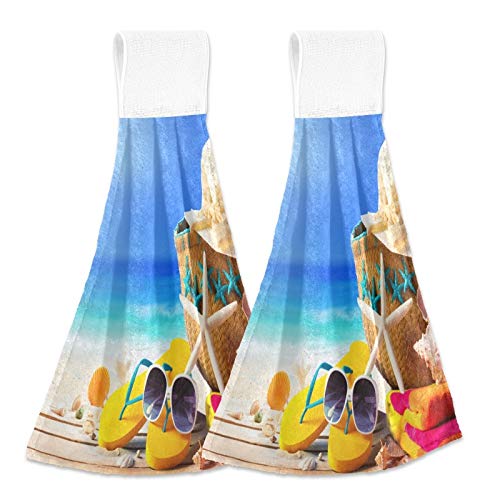 Starfish Beach Themed Summer Flip Flop Hanging Kitchen Towels - 2 Pack Soft Absorbent Dish Cloths with Loop (12x17 inches) - Perfect for Bathroom, Kitchen & Beach House Decor