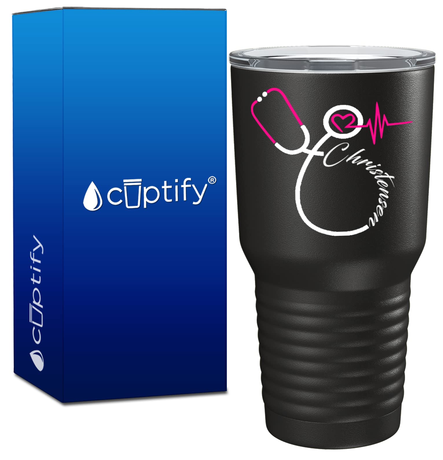 Personalized Nurse Pink & White Stethoscope Design 30 oz Stainless Steel Tumbler with Lid - Insulated Travel Mug for Coffee & Tea - Perfect Gift for Nurses, Medical Students & Healthcare Workers - Great for Hospitals, Clinics & Daily Commute