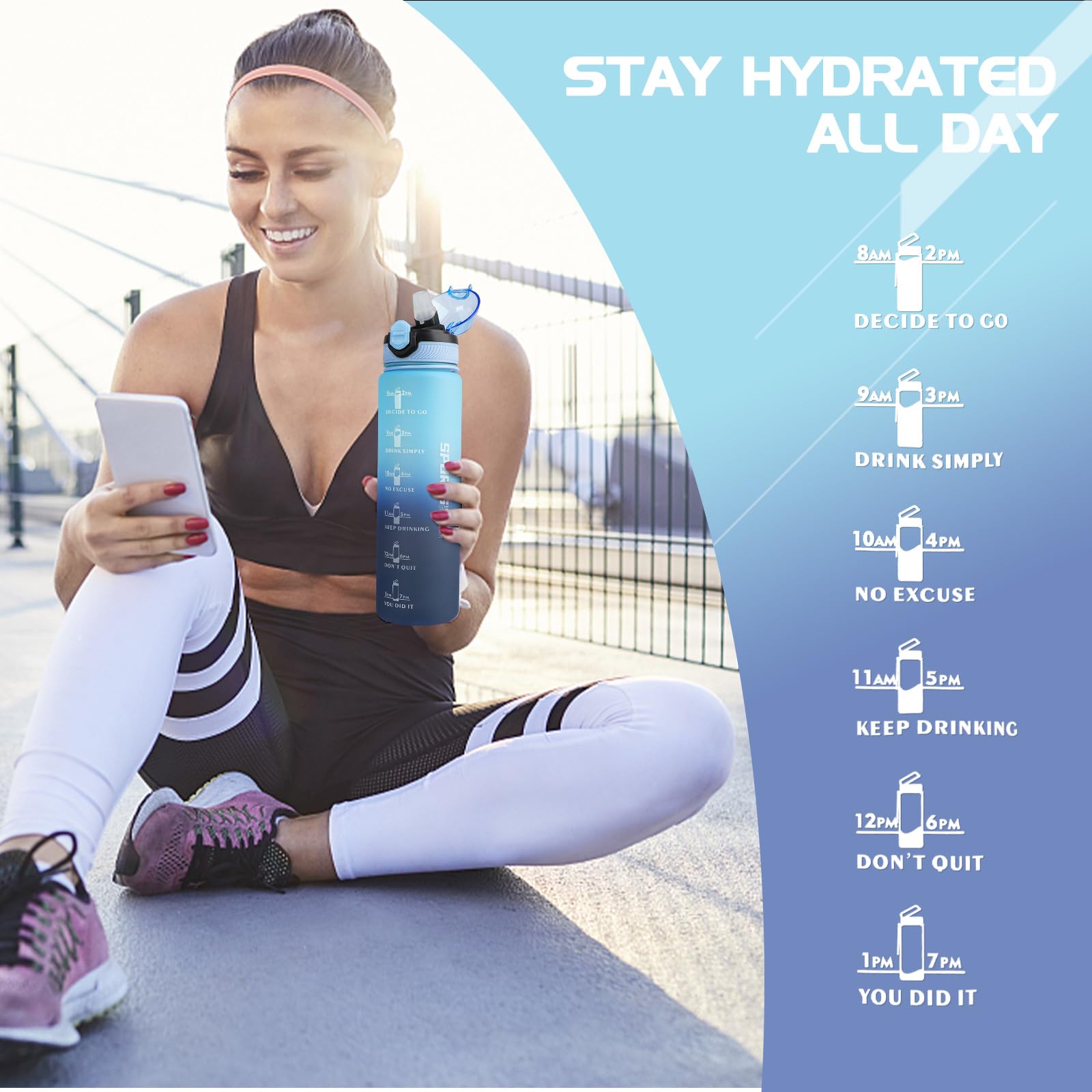 **AOHAN 32 oz BPA-Free Water Bottle with Time Marker & Straw - Leakproof, Dishwasher Safe, Motivational Sports Bottle for Gym, Hiking, Workouts (Haze Blue)**    **Usage Scenarios:** Perfect for gym workouts, hiking, running, yoga, office hydration, and outdoor adventures.
