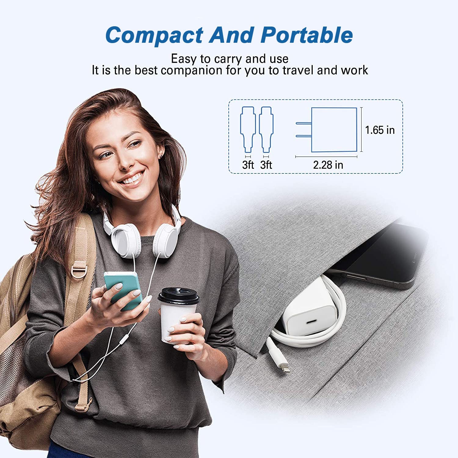 Apple MFi Certified 20W Fast Charger with Lightning Cable - USB C Power Adapter for iPhone 14/13/12/11/XS/XR/X & iPad - Quick Charge for Home, Office & Travel