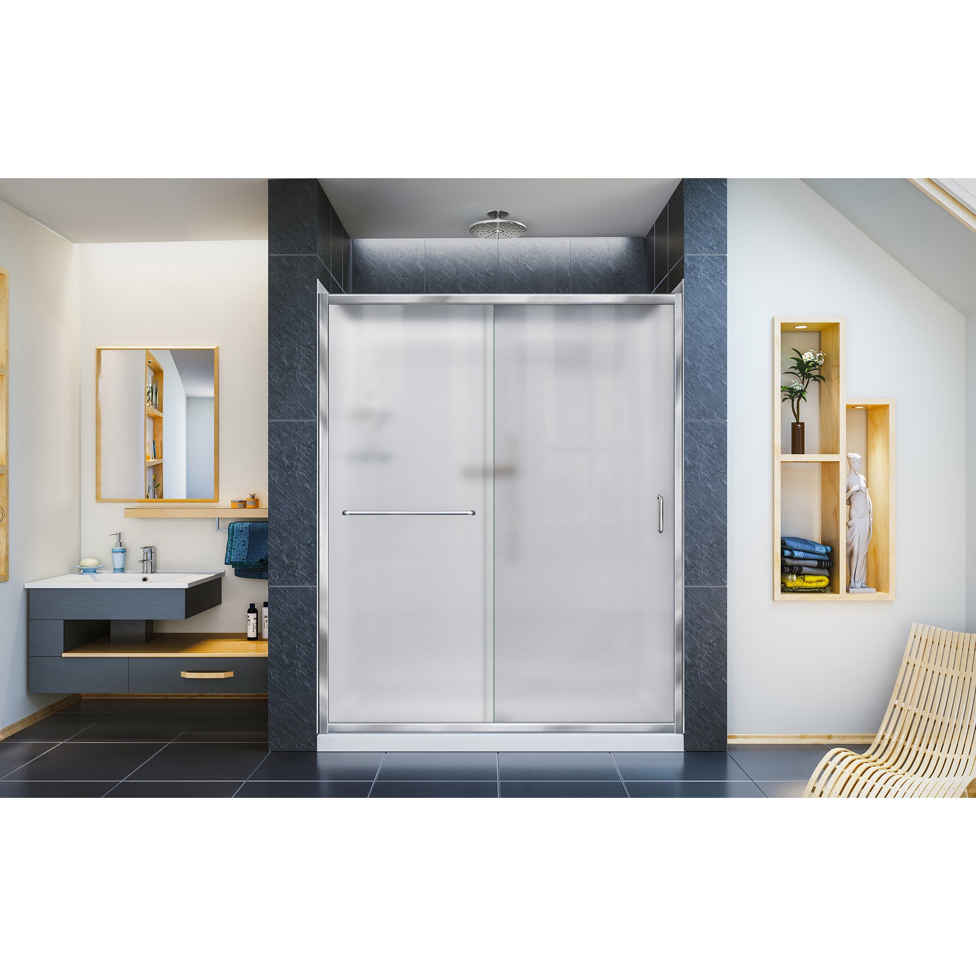 DreamLine Infinity Z 34x60x76.75 Inch Semi-Frameless Sliding Shower Door with Shower Base & QWALL 5 Backwall Kit - Frosted Glass for Modern Bathroom Renovation & Spa-Like Shower Experience