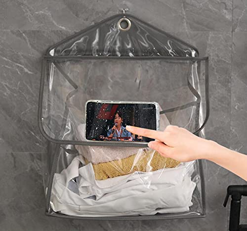 Waterproof Hanging Toiletry Bag Organizer - Clear Shower Caddy for Bathroom with Phone Holder - Watch Videos While Showering - Perfect for Travel, Gym & Dorm (Gray)