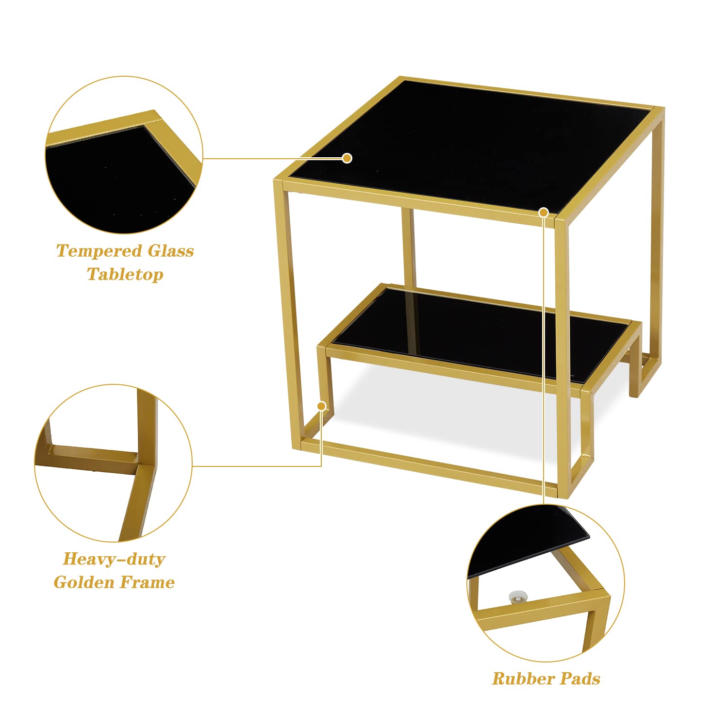 Modern Brass & Black Coffee Table Set with Storage Shelf - 2-Tier Tempered Glass Center Table & Side Tables for Living Room - Elegant Accent Furniture for Home Decor, Small Spaces & Entertaining Guests