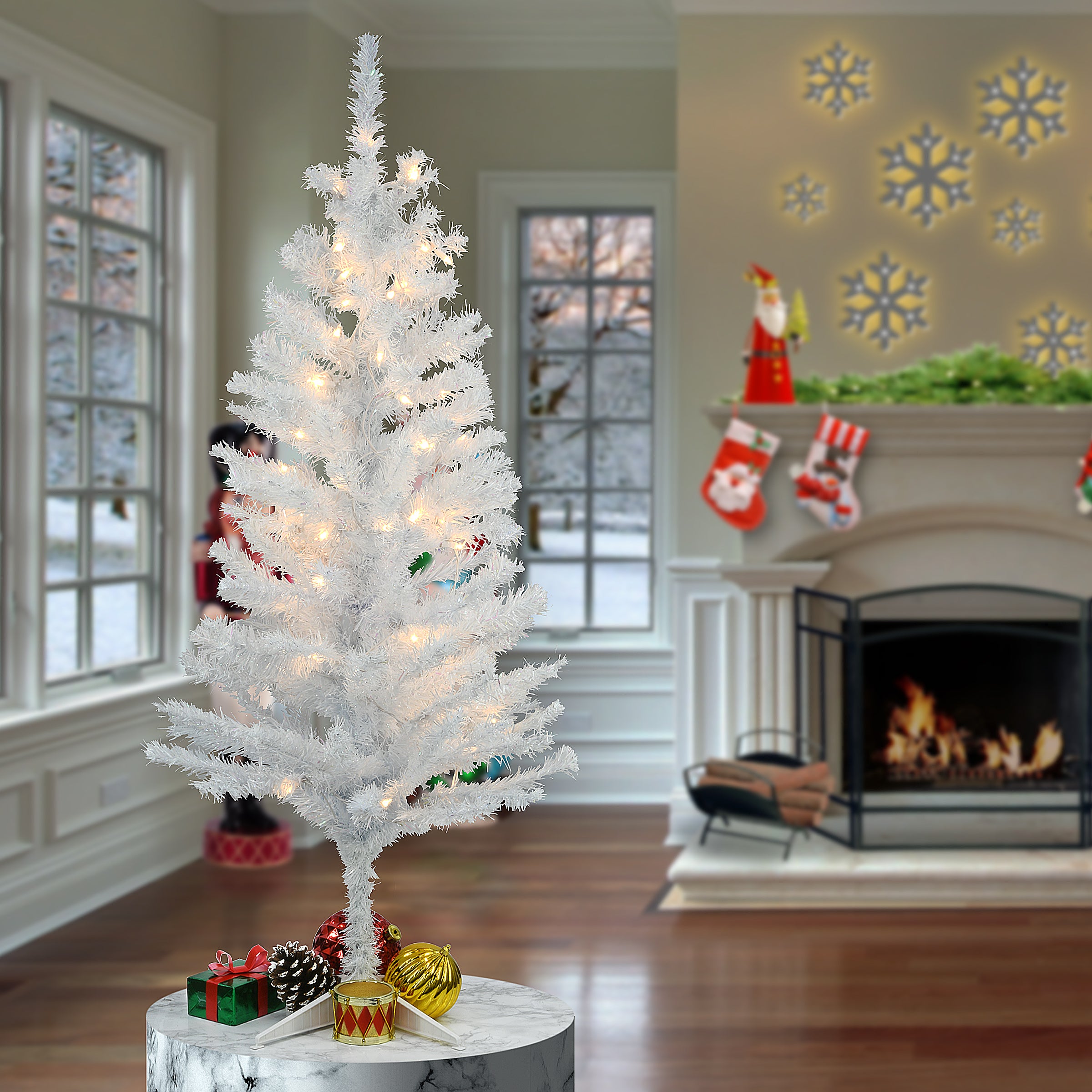 4 ft. Pre-Lit White Iridescent Tinsel Christmas Tree with Clear Lights - Perfect for Holiday Home Decor, Office, and Party Decoration