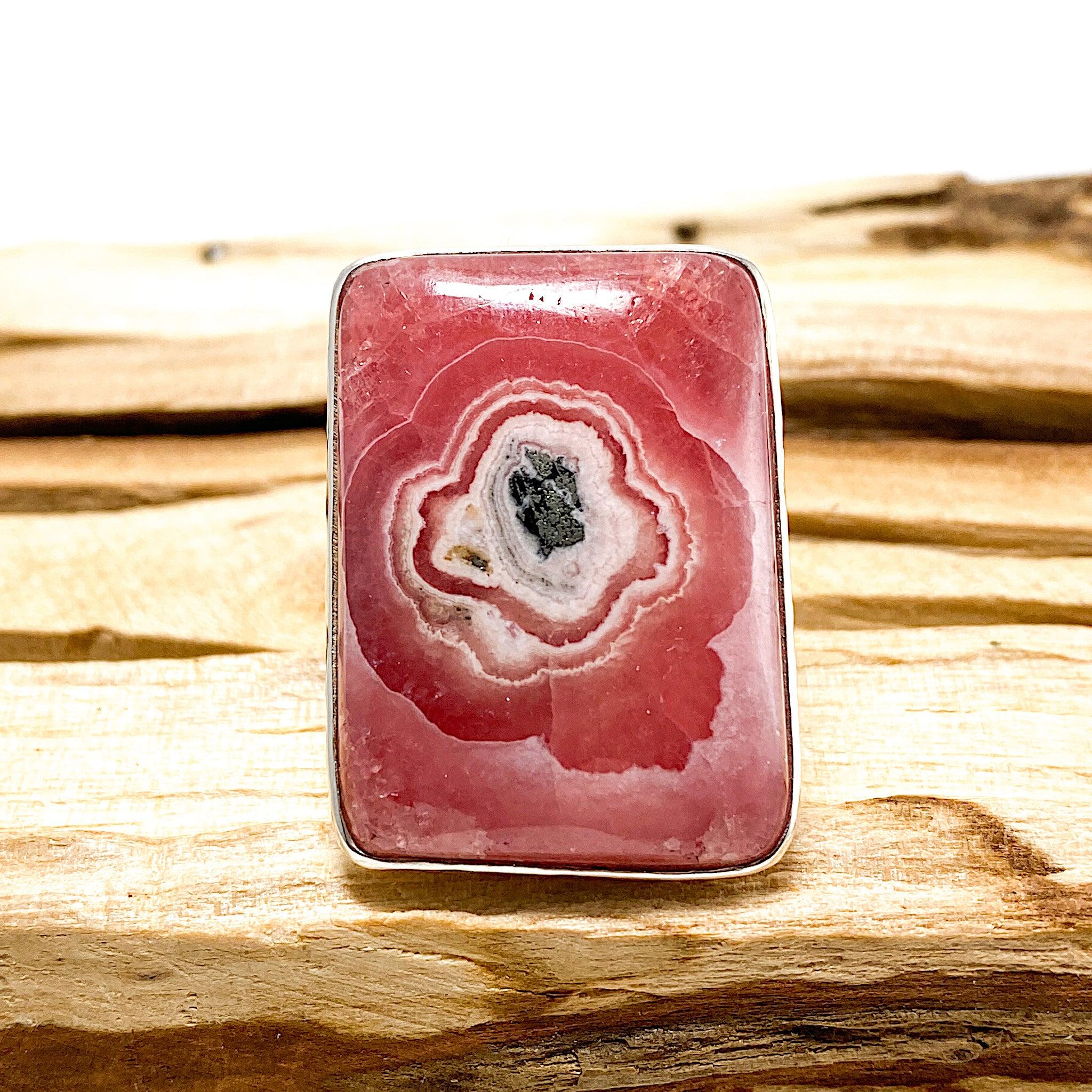 Rhodochrosite Rectangular Cabochon Ring with Beaten Band - Size 11 (KRGJ1226) - Perfect for Boho Jewelry & Gift Giving