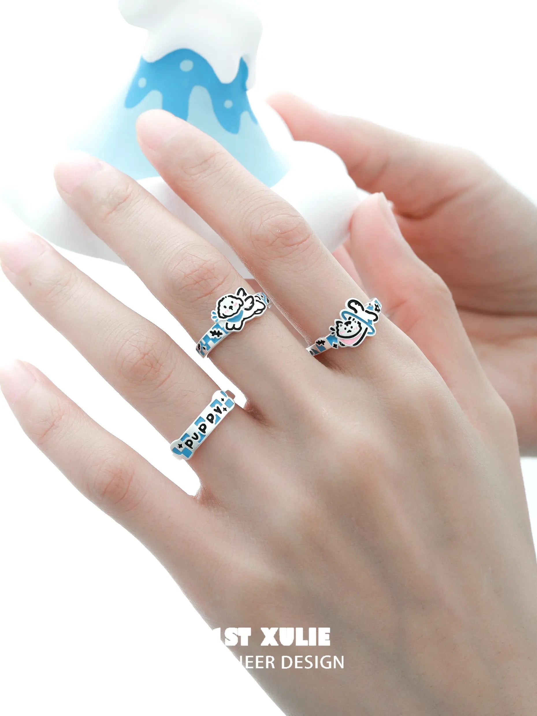 Angel Cuties 925 Sterling Silver Hand-Painted Colorful Resin Kitten & Puppy Ring - Cute Animal Jewelry for Women, Perfect Gift for Cat & Dog Lovers (Birthday, Valentine's Day, Anniversary)