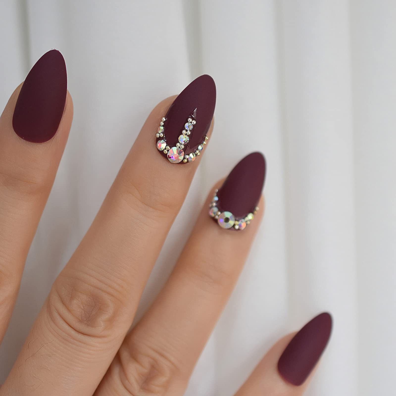 Short Fake Nails Set With Rhinestones - Frosted Almond Press On Nails | Stiletto Artificial False Nail Tips with Diamond Jewelry Design | Perfect for Parties, Weddings & Special Occasions