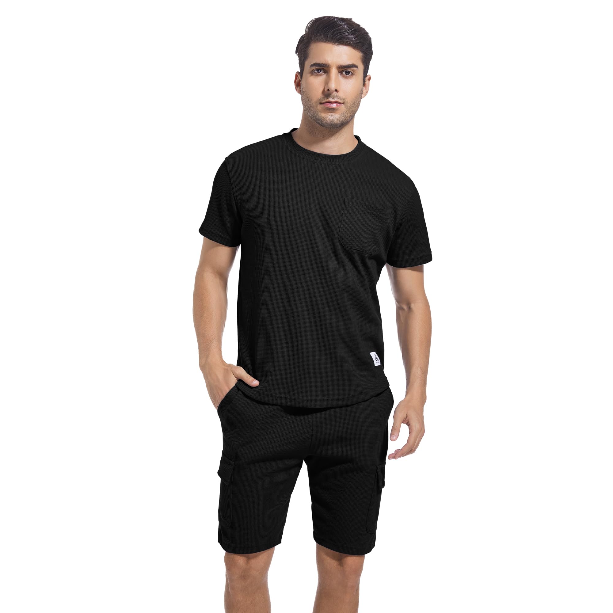 ANOTWENER Men's 2-Piece Summer Outfit - Casual Waffle Knit T-Shirt & Shorts Set for Beach Vacation, Pool Party, and Outdoor Activities