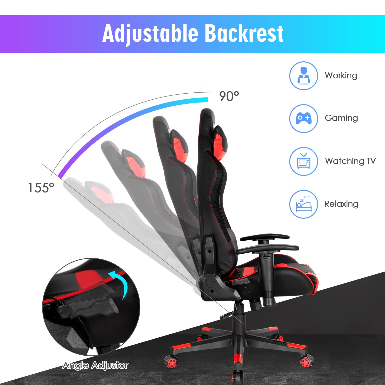 POWERSTONE RGB Gaming Chair with LED Lights - Ergonomic Racing Style Computer Chair for Adults, High Back Office Desk Chair with Adjustable Lumbar Support & Armrests - Perfect for Gaming, Streaming & Home Office (Red)