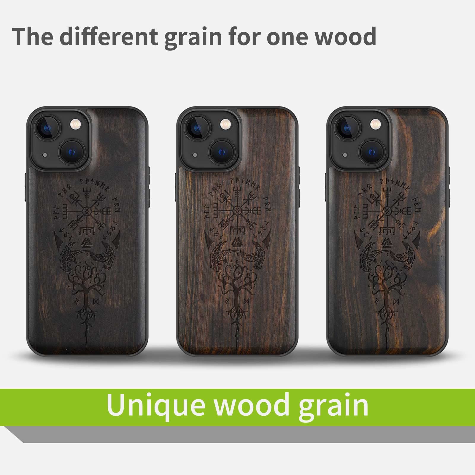 Carveit Magnetic Wood Case for iPhone 13 Mini - Natural Wood & Black TPU Shockproof Protective Cover with MagSafe Compatibility (Viking Compass Vegvisir Blackwood) - Perfect for Outdoor Adventures & Daily Protection