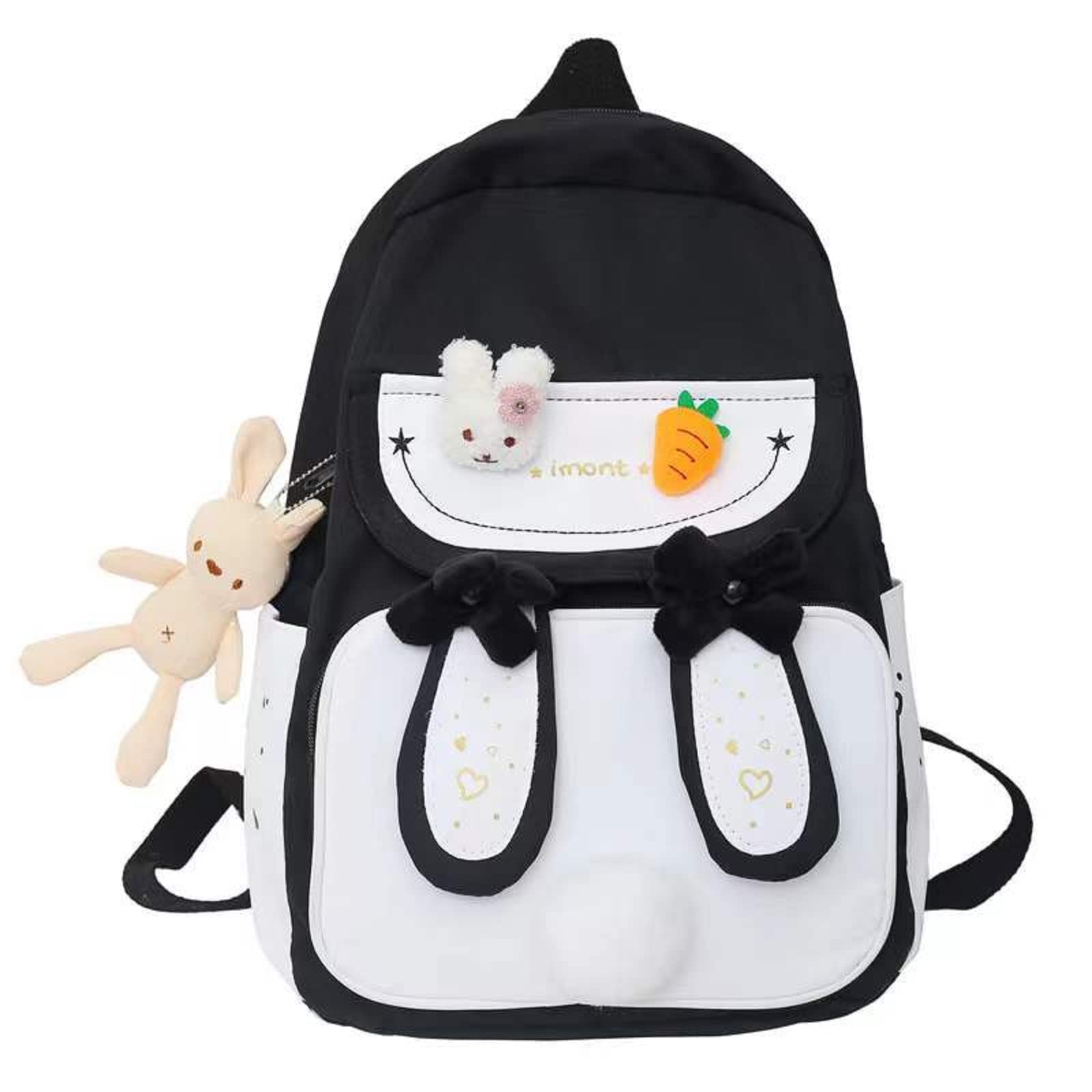 Cute Bunny Ear Backpack with Bear Pendant - Large Black School Bag for Teen Girls, Women | Perfect for School, College, Travel & Daily Use