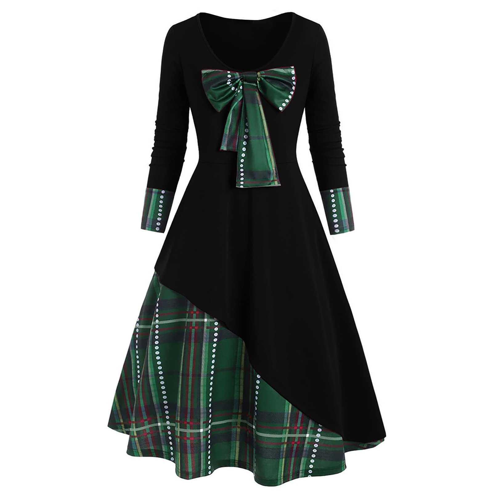 Vintage Christmas Maxi Dress for Women - Plus Size Casual Plaid Patchwork Bow Rockabilly Long Party Cocktail Dress | Holiday Gatherings, Christmas Parties & Special Occasions