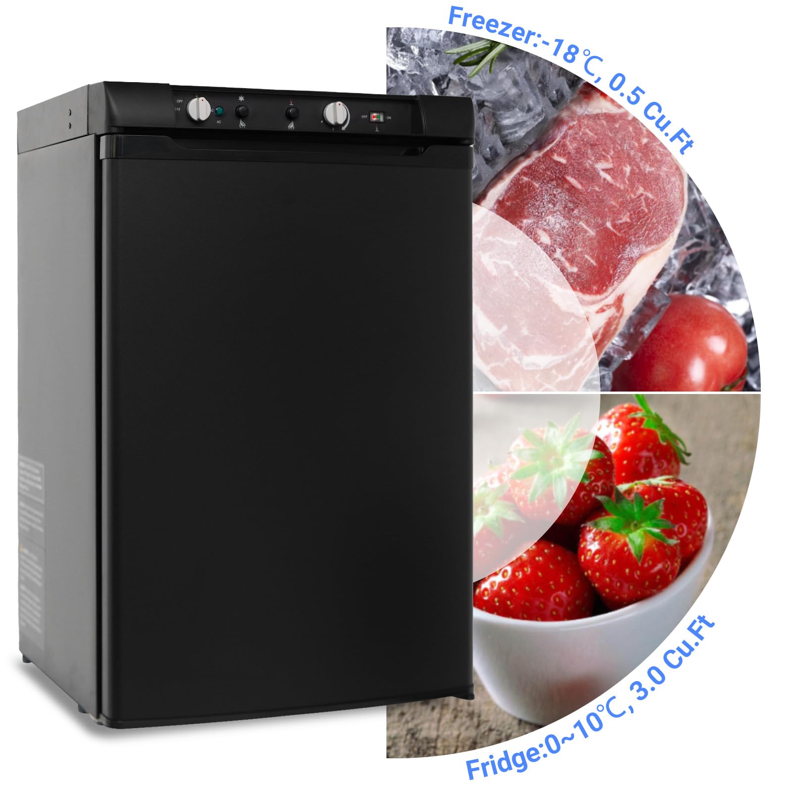 3.5 Cu.Ft RV Propane Refrigerator with Freezer - 3 Way AC/DC/GAS Powered Camper Fridge for RV, Cabin, Semi Truck & Van - Ultra Quiet Black Design - Perfect for Road Trips, Off-Grid Living & Tiny Homes