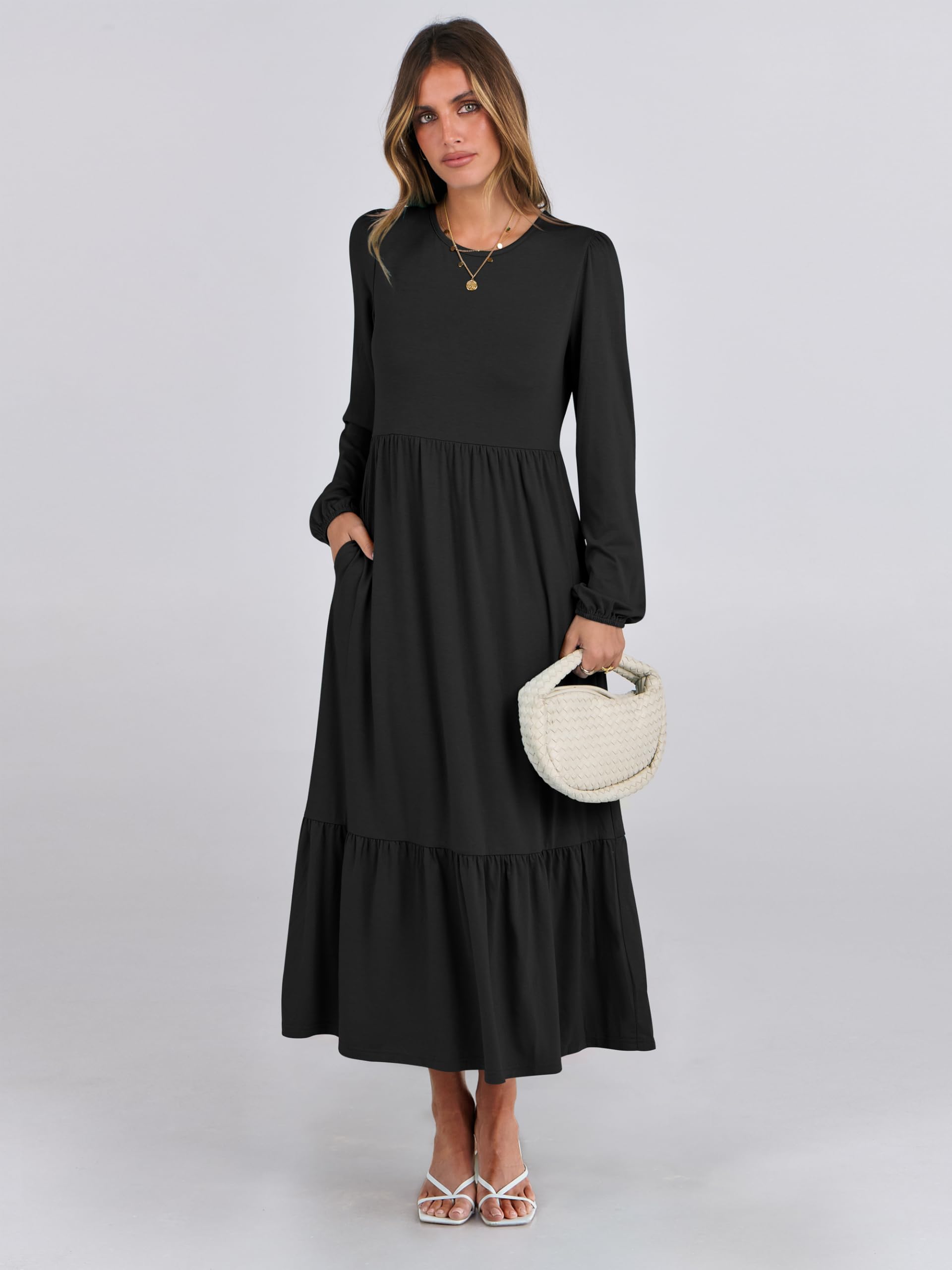 ANRABESS Women's Casual Long Sleeve Midi Dress - 2025 Spring Crewneck A-Line Tiered Flowy Loose Dress with Pockets | Trendy Everyday Wear for Office, Date Night & Spring Outfits