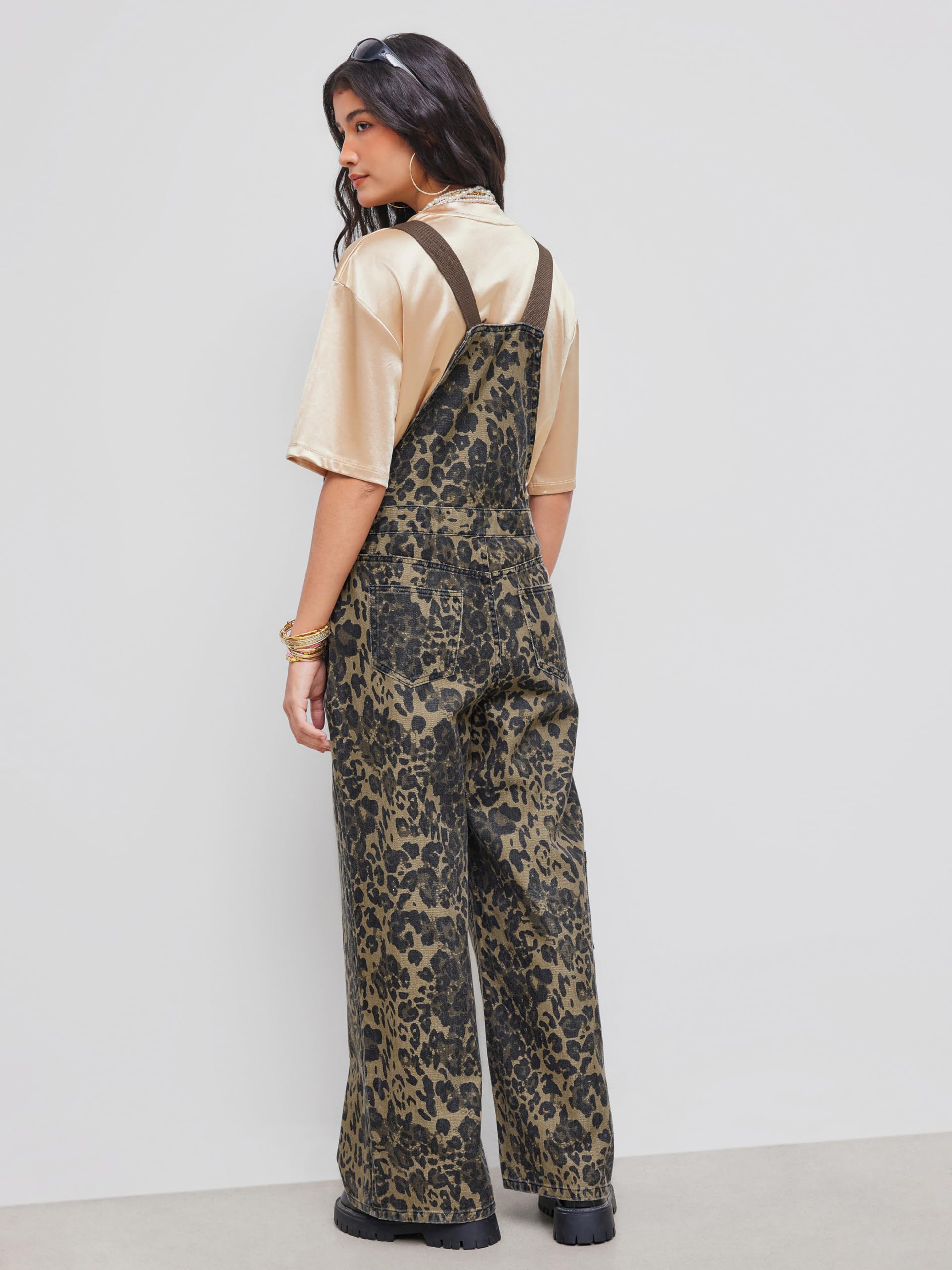 Women's Denim Leopard Print Overalls with Buckle Pocket - Wide Leg Jumpsuit for Casual Outings, Streetwear Fashion & Fall Outfits