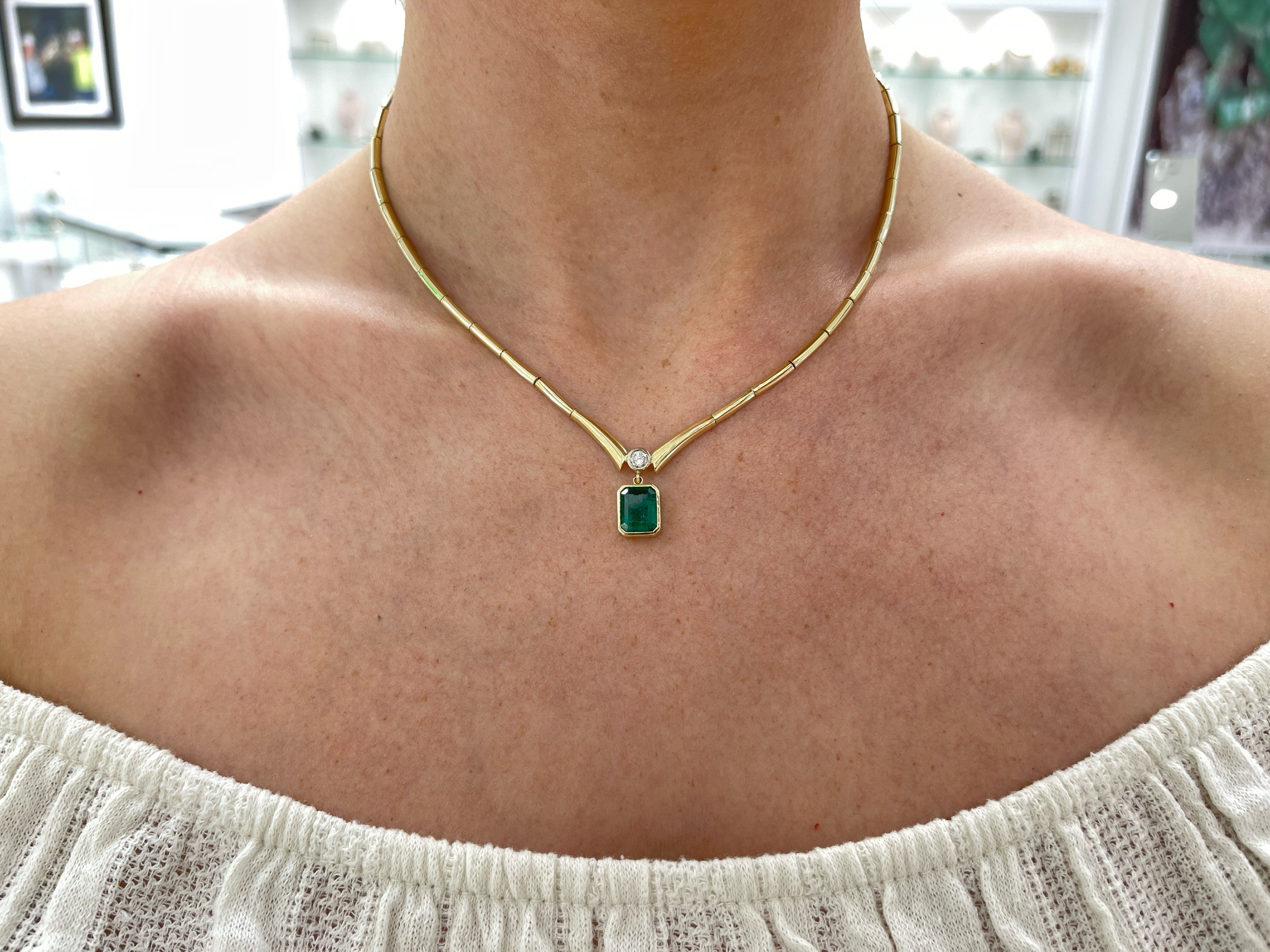 4.90 TCW Bezel-Set Emerald & Diamond Toi et Moi Statement Necklace - Elegant Jewelry for Weddings, Anniversaries & Special Occasions