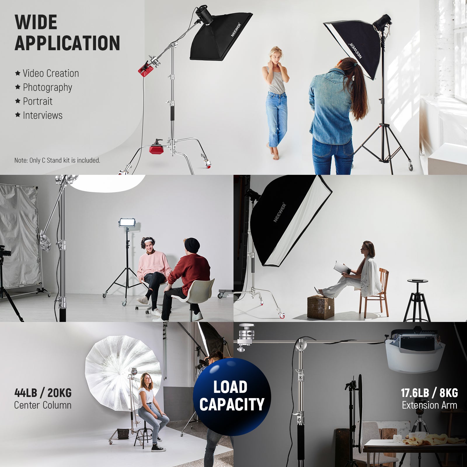 NEEWER SC186W 186cm Heavy Duty Stainless Steel C Stand for Photography, Video Lighting & Studio Equipment Support