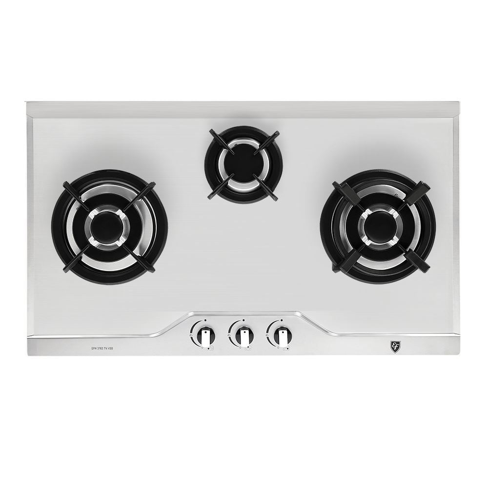 EF CK LUNA 90cm Island Hood with EF EFH 3763 TN VSB 78cm Built-in Stainless Steel Gas Hob - Modern Kitchen Ventilation & Cooking Solution for Home Chefs
