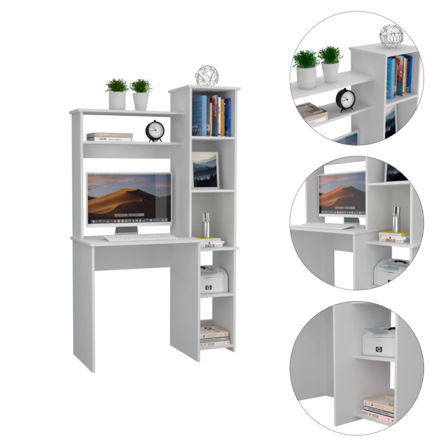 Aramis Ergonomic White Office Desk with 5 Shelves & 2 Large Storage Shelves - 63.9 Inch Height Computer Workstation for Home Office, Study Room & Small Spaces