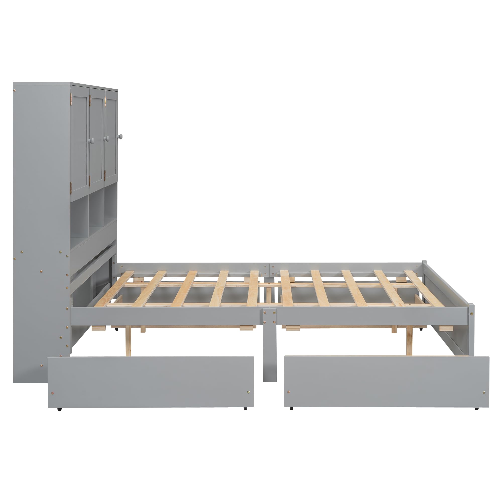 Harper & Bright Designs Queen Size Storage Bed Frame - Solid Wood Platform Bed with Bookcase Headboard & 4 Drawers - No Box Spring Needed - Perfect for Kids, Teens & Adults Bedroom - Modern Gray Furniture for Small Spaces & Dorm Rooms