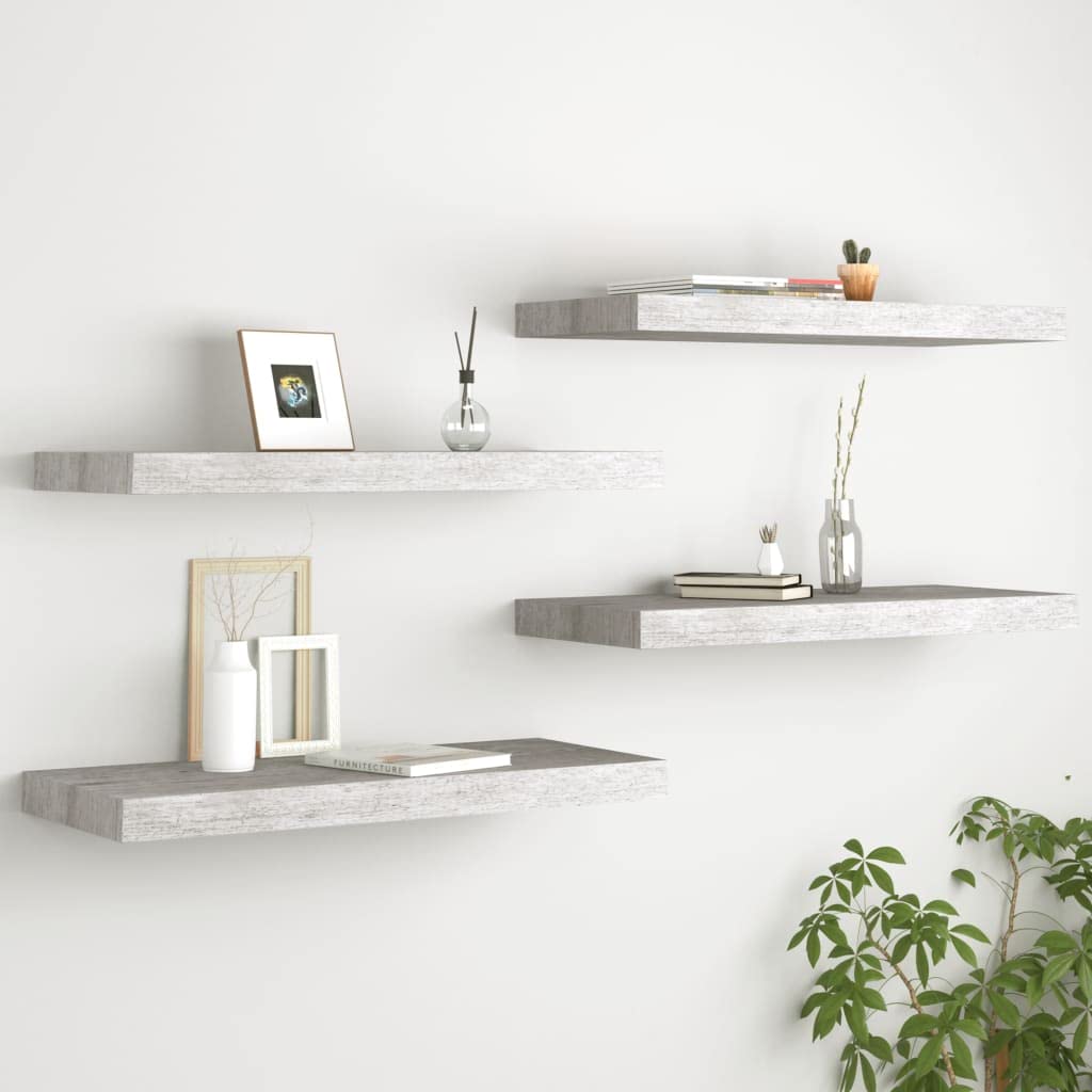 4 Pack Floating Wall Shelves - Modern Concrete Gray MDF Display Stands 23.6