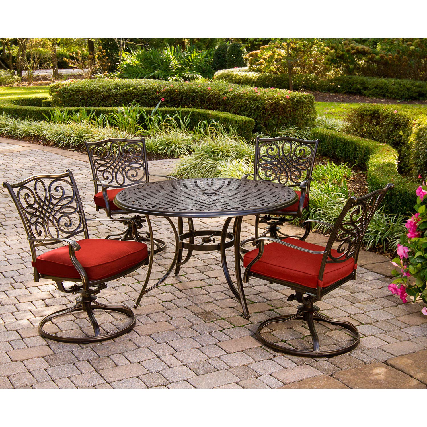 Hanover Traditions 5-Piece Outdoor Patio Dining Set - 48'' Round Rust-Resistant Table & 4 Swivel Rocker Chairs with Weatherproof Autumn Berry Red Cushions - Modern Garden Furniture for Backyard, Deck, and Poolside Dining
