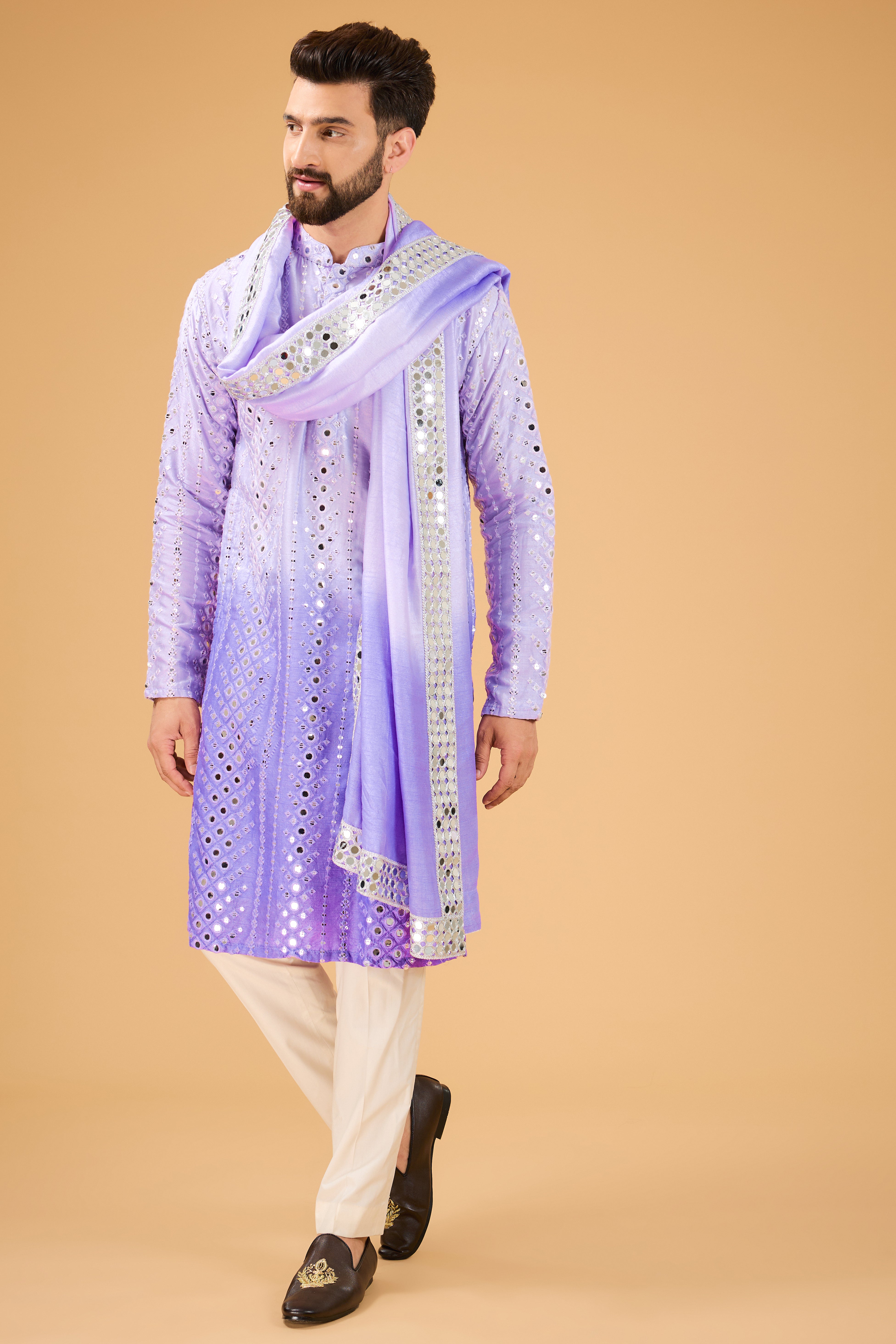 Elegant Purple Ombre Mirror Work Kurta with Matching Stole - Perfect for Festivals, Weddings & Ethnic Fashion