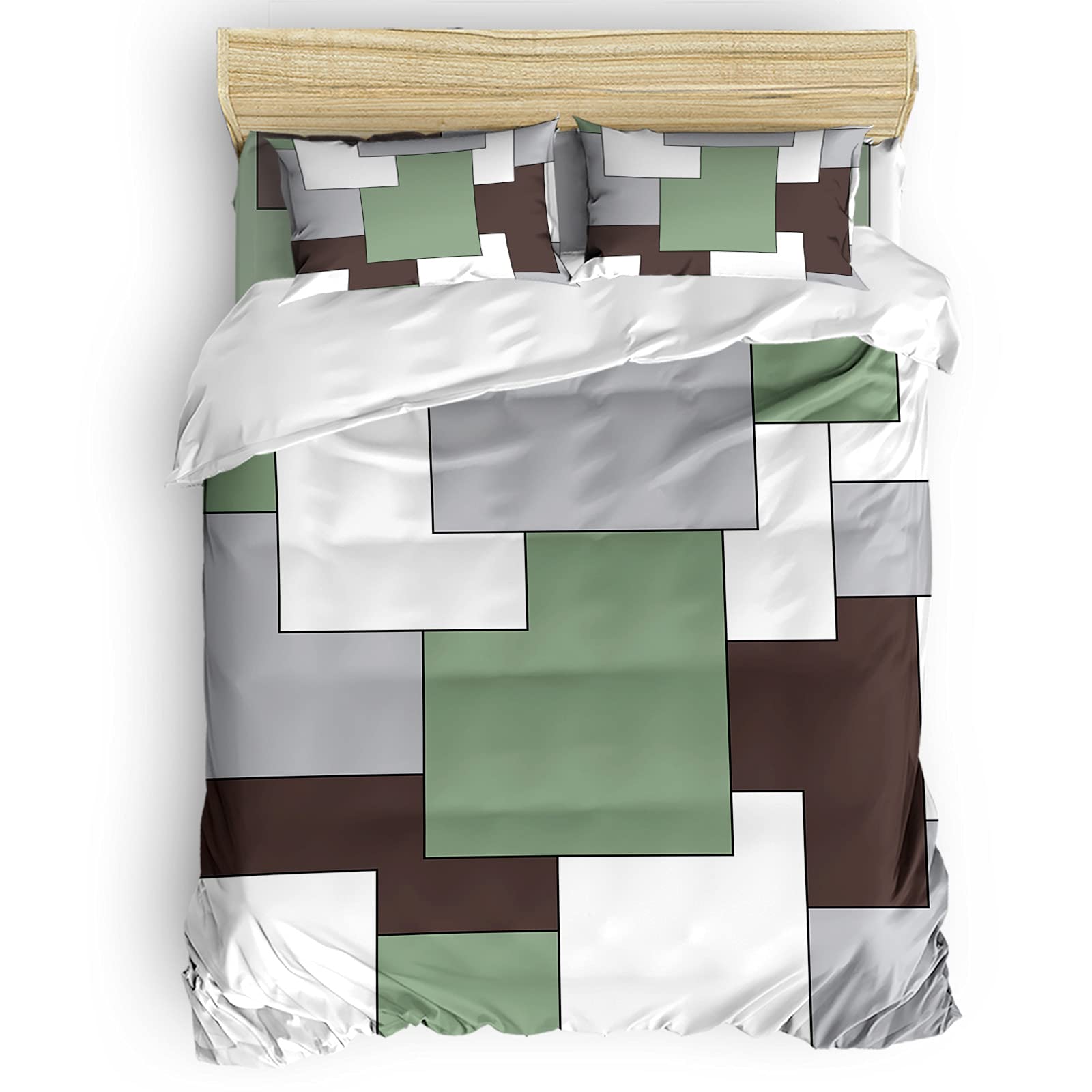 Seven Roses Set of 4 Mid-Century Modern Bedding Quilt Cover - Soft Geometric Block Twin Comforter Set with Pillowcases | Green Square Design for Cozy Bedroom Decor