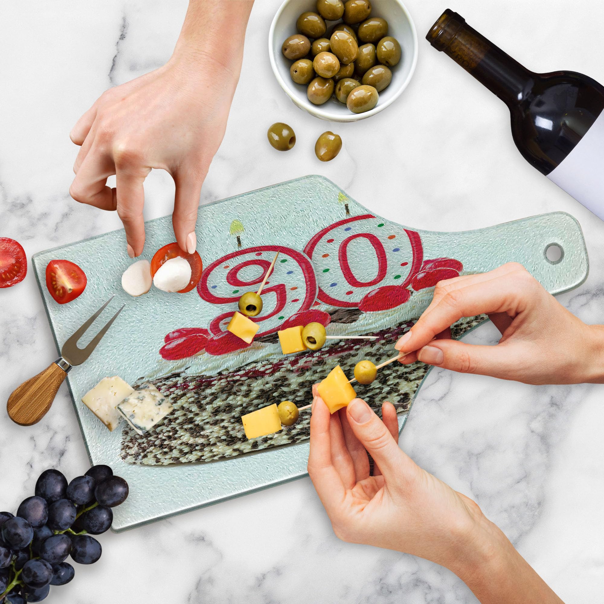 Ambesonne 90th Birthday Cake Cutting Board - Tempered Glass Serving Tray with Cherries & Candles Design - Wine Bottle Shape in Red, Brown & White - Perfect for Anniversary Parties, Milestone Celebrations & Kitchen Decor