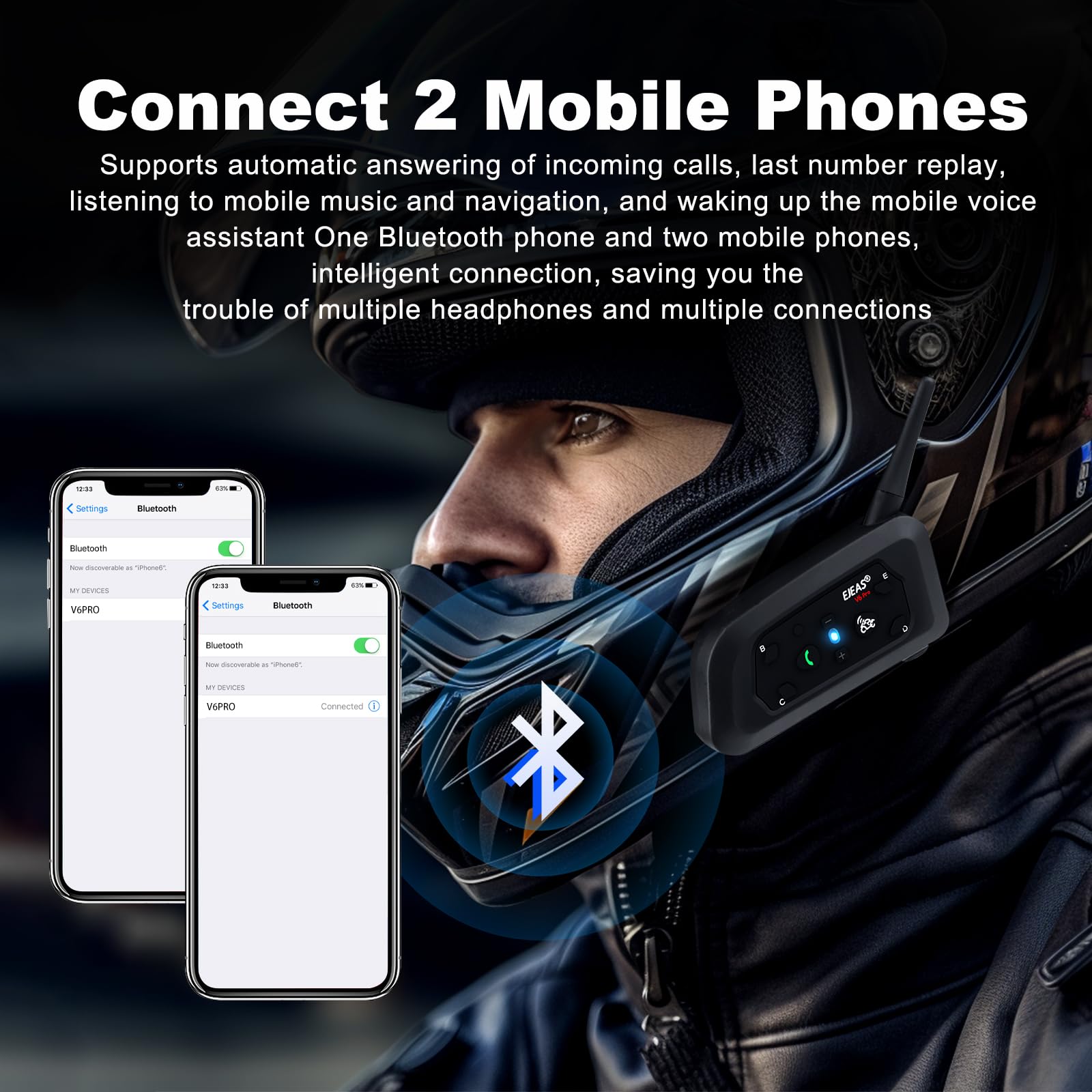 EJEAS V6 Pro Motorcycle Bluetooth Headset - Upgraded 2-Way Intercom Helmet Communication System with Auto-Answer Call & Noise Cancellation for Motorcycle Riding, Skiing, Climbing (2 Pack) | Perfect for Group Rides, Outdoor Adventures & Hands-Free Communication