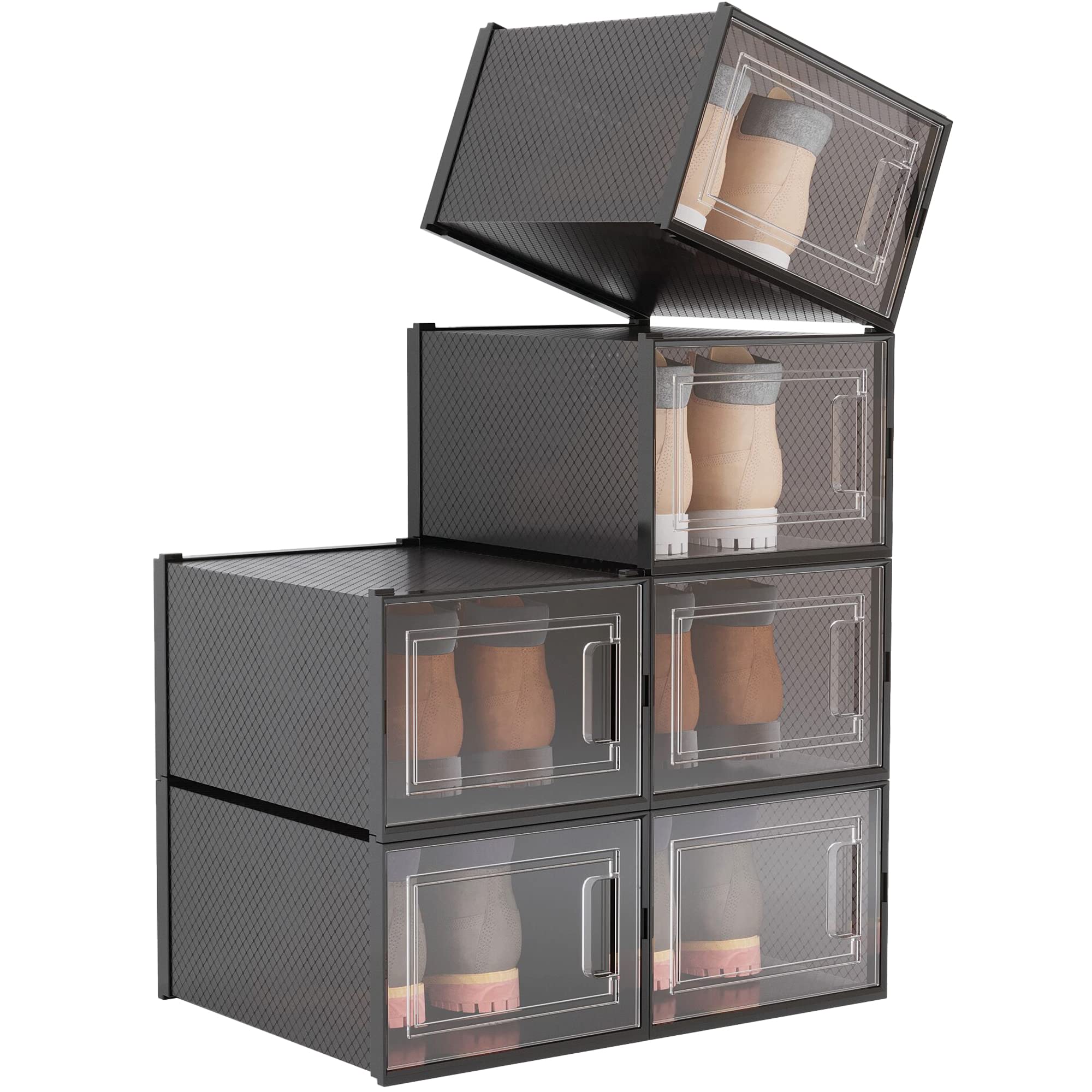 WAYTRIM 6-Pack Stackable Plastic Shoe Storage Boxes with Drop Front Door & Lids - Foldable Sneaker Organizer for Closet, Fits Men's US Size 13 Shoes - Perfect for Bedroom, Walk-in Closet & Shoe Collection Organization