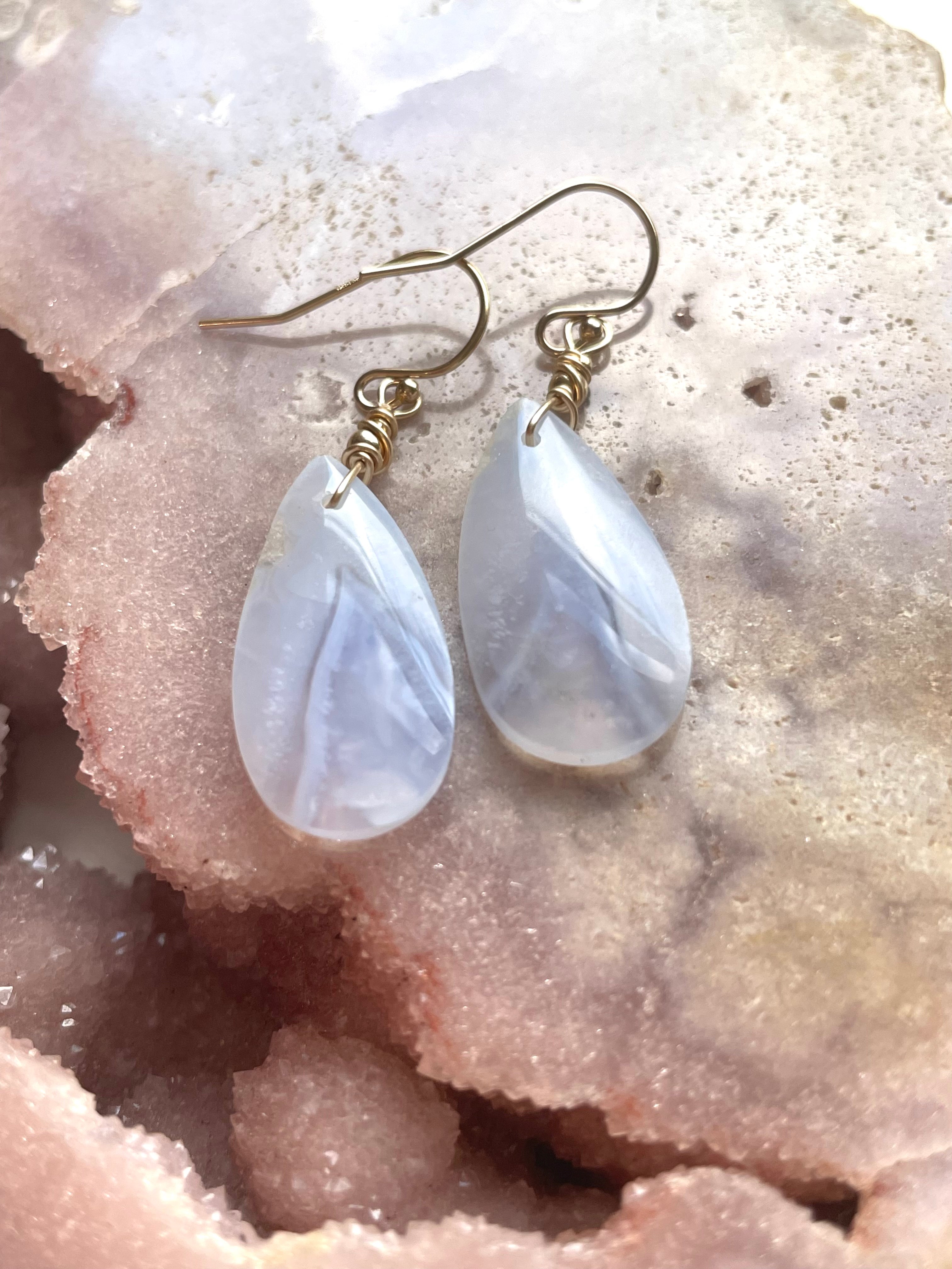 Blue Lace Agate Earrings 14K Gold Filled - Dainty Boho Jewelry for Women, Perfect for Weddings, Parties & Everyday Wear