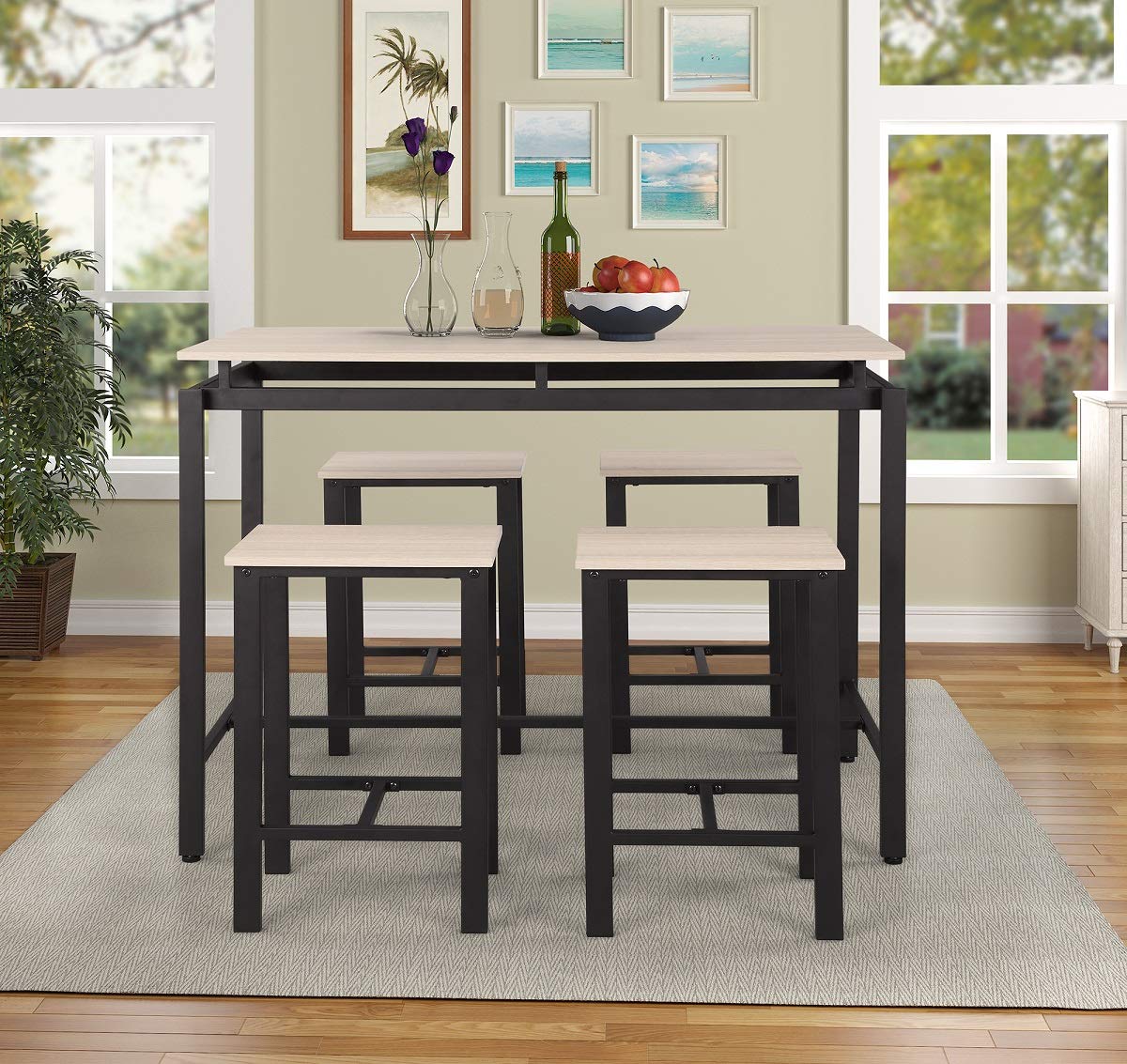 Modern 5-Piece Counter Height Dining Table Set with 4 Chairs - Metal & Wood Kitchen Table for Small Spaces - Beige Home Furniture for Breakfast Nook, Apartment, or Cozy Kitchen