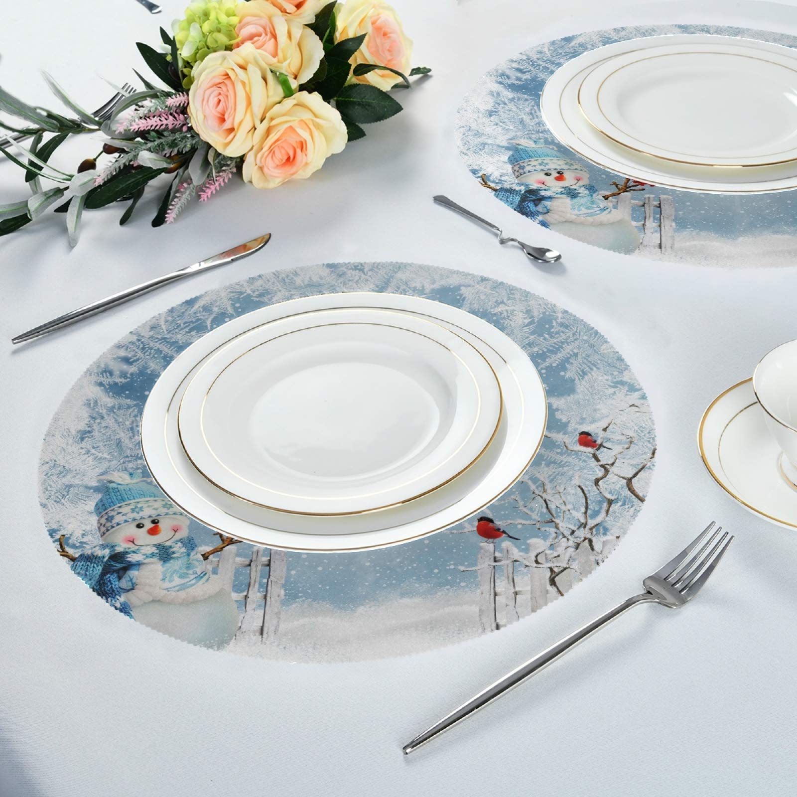 Christmas Snowman Round Placemats Set of 4 - 15 Inch Winter Holiday Table Mats with Red Truck & Cardinals Birds Design - Perfect for Kitchen Dining, Dinner Parties, Kids Holiday Celebrations & Festive Home Decor