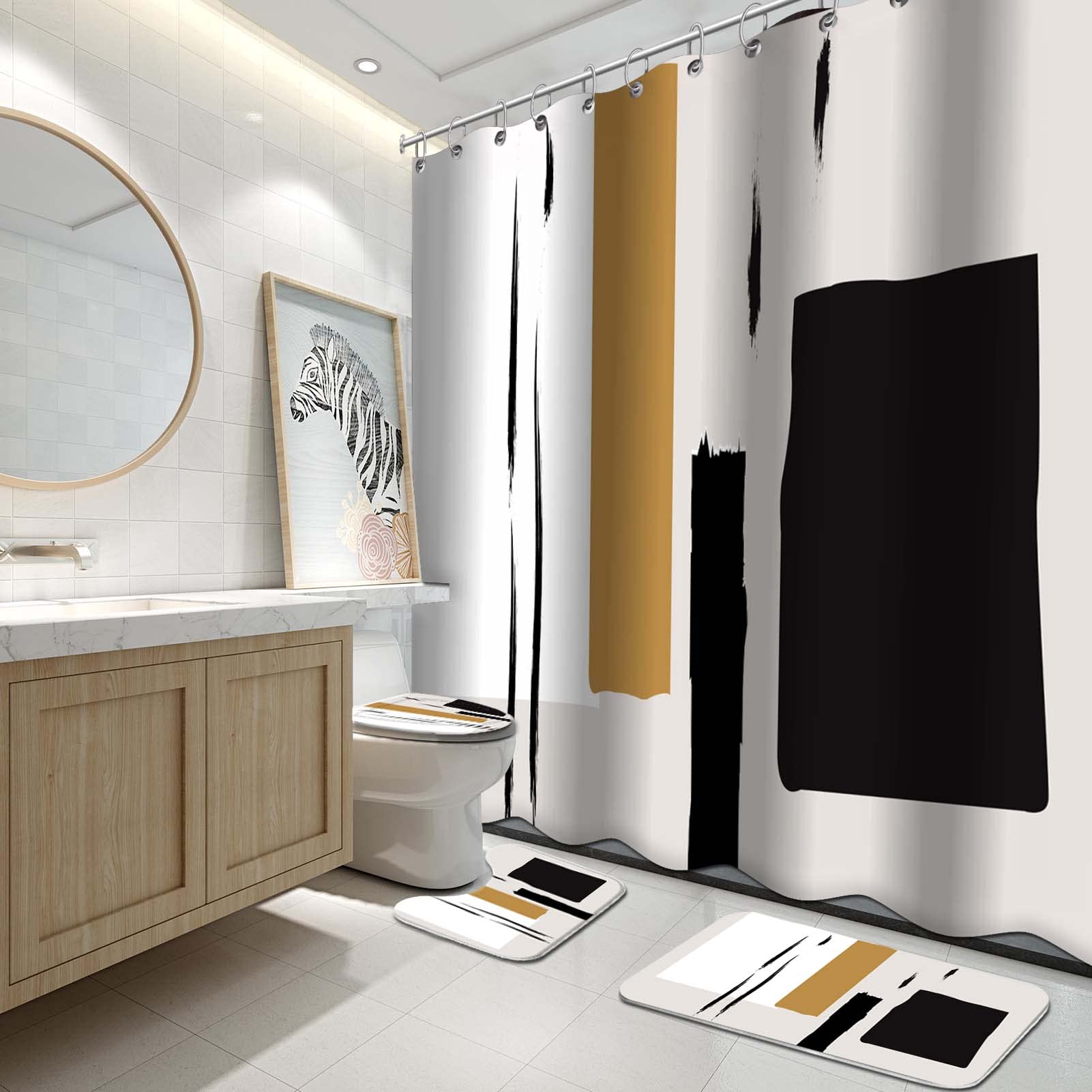 KINUUIS 4-Piece Black Bathroom Shower Curtain Set with Watercolor Design, Includes Rugs & Accessories - White Abstract Pattern for Modern Bathroom Decor | Perfect for Home, Hotel, and Spa Bathrooms