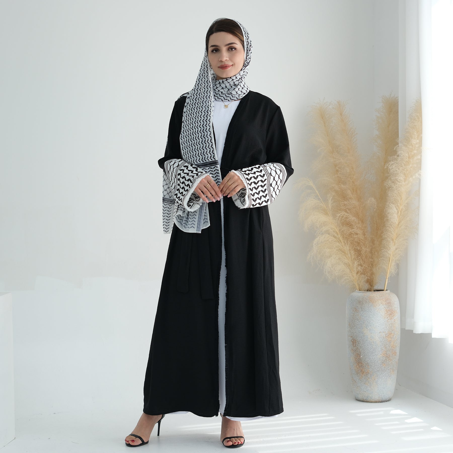 Elegant Black Kufiya Open Abaya Set - Modest Muslim Prayer Dress for Women | Perfect for Eid, Ramadan & Special Occasions