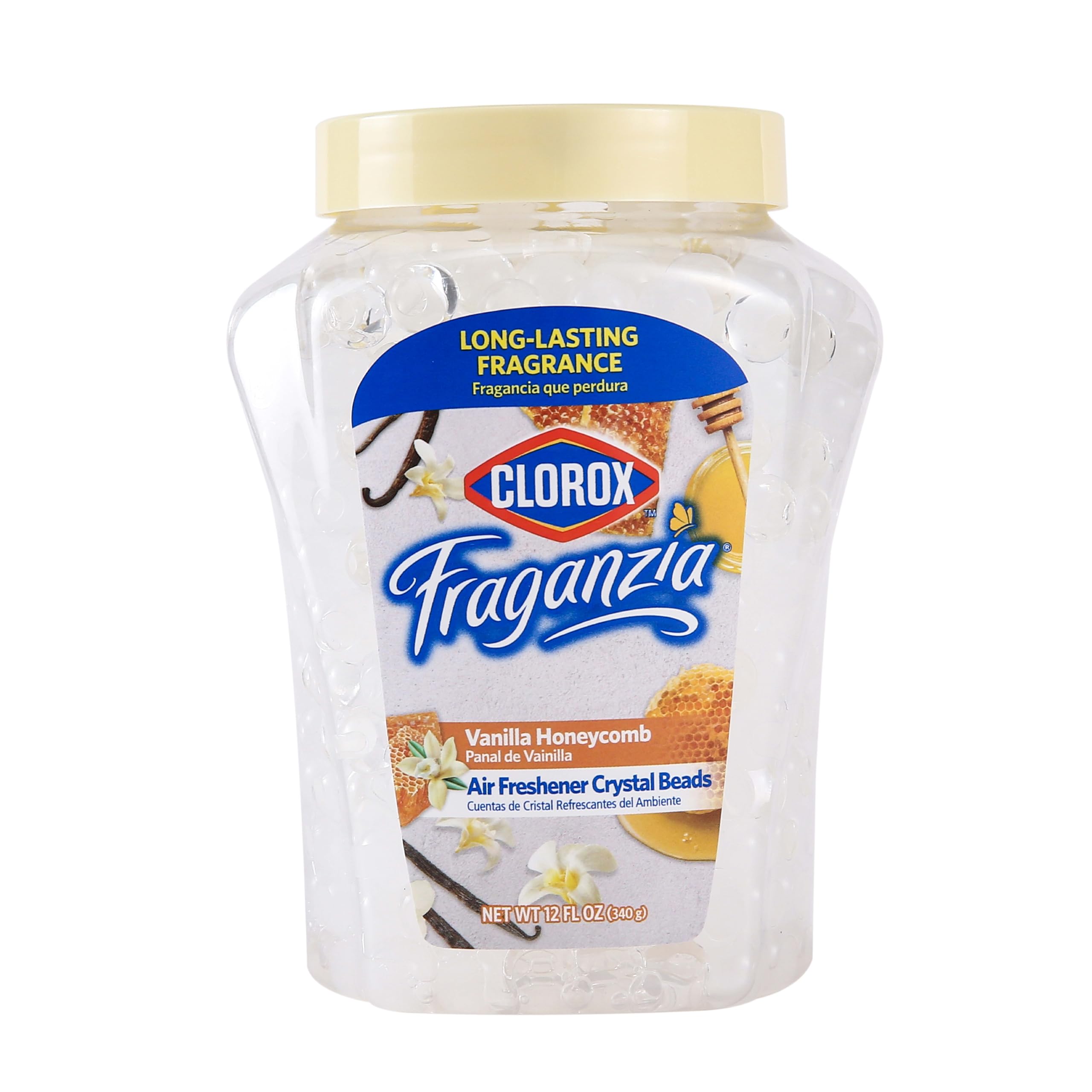 Clorox Fraganzia Air Freshener Crystal Beads Vanilla Honeycomb 12oz Jar - Long-Lasting Scent Beads for Home, Bathroom, Closet, Car & Office | Easy-Use Vented Jar | Freshens Air for Weeks | Perfect for Small Spaces, Pet Areas & Laundry Rooms