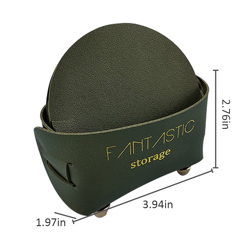 Premium 8-Piece Leather Coaster Set with Holder - Heat-Resistant Round Drink Coasters for Coffee, Tea & Cold Beverages - Elegant Dark Green Kitchen & Bar Decor for Home, Office & Restaurant Use