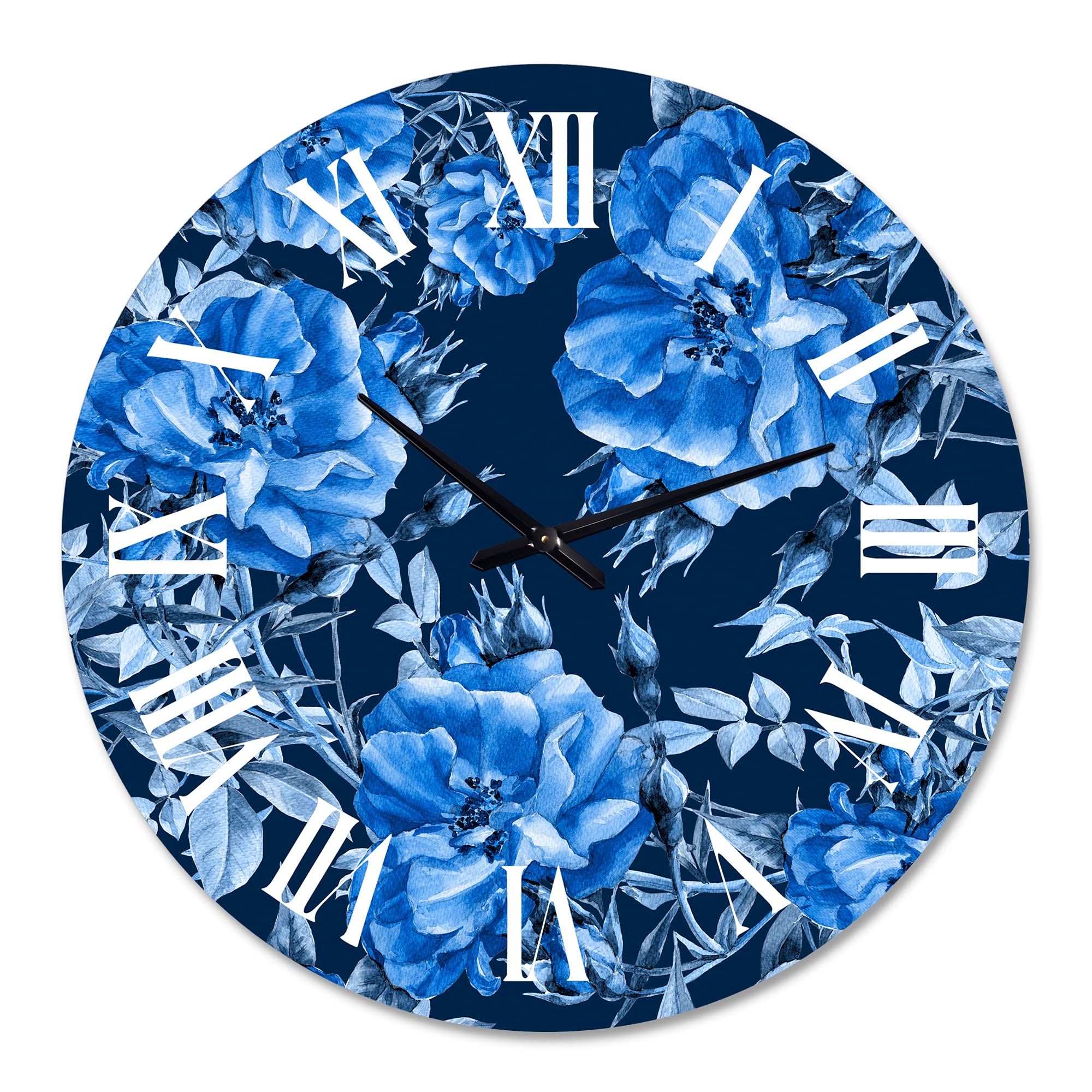 DesignQ Modern Blue Abstract Wildflowers Wall Clock - Large Floral Botanical Wall Decor for Home, Office & Living Room | Silent Non-Ticking Decorative Clock for Bedroom, Kitchen & Workspace