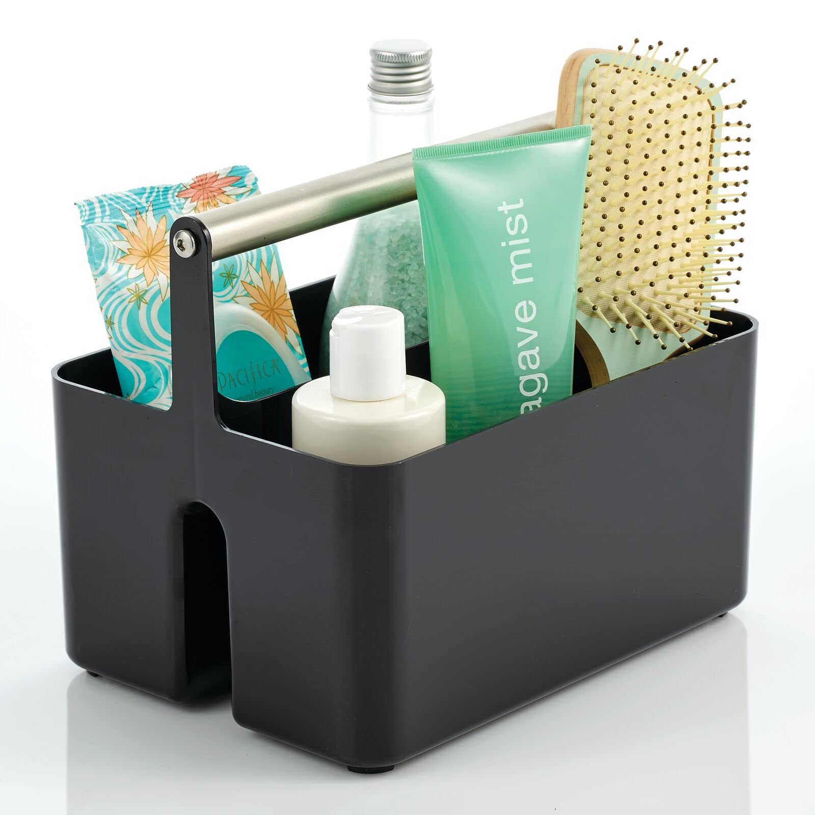 mDesign Plastic Shower Caddy Organizer with Metal Handle - Bathroom Storage Basket for Soap, Shampoo & Conditioner - Utility Tote for Dorm, Kitchen & Bath - Aura Collection in Black/Brushed Chrome - Perfect for Small Space Organization & Travel Essentials