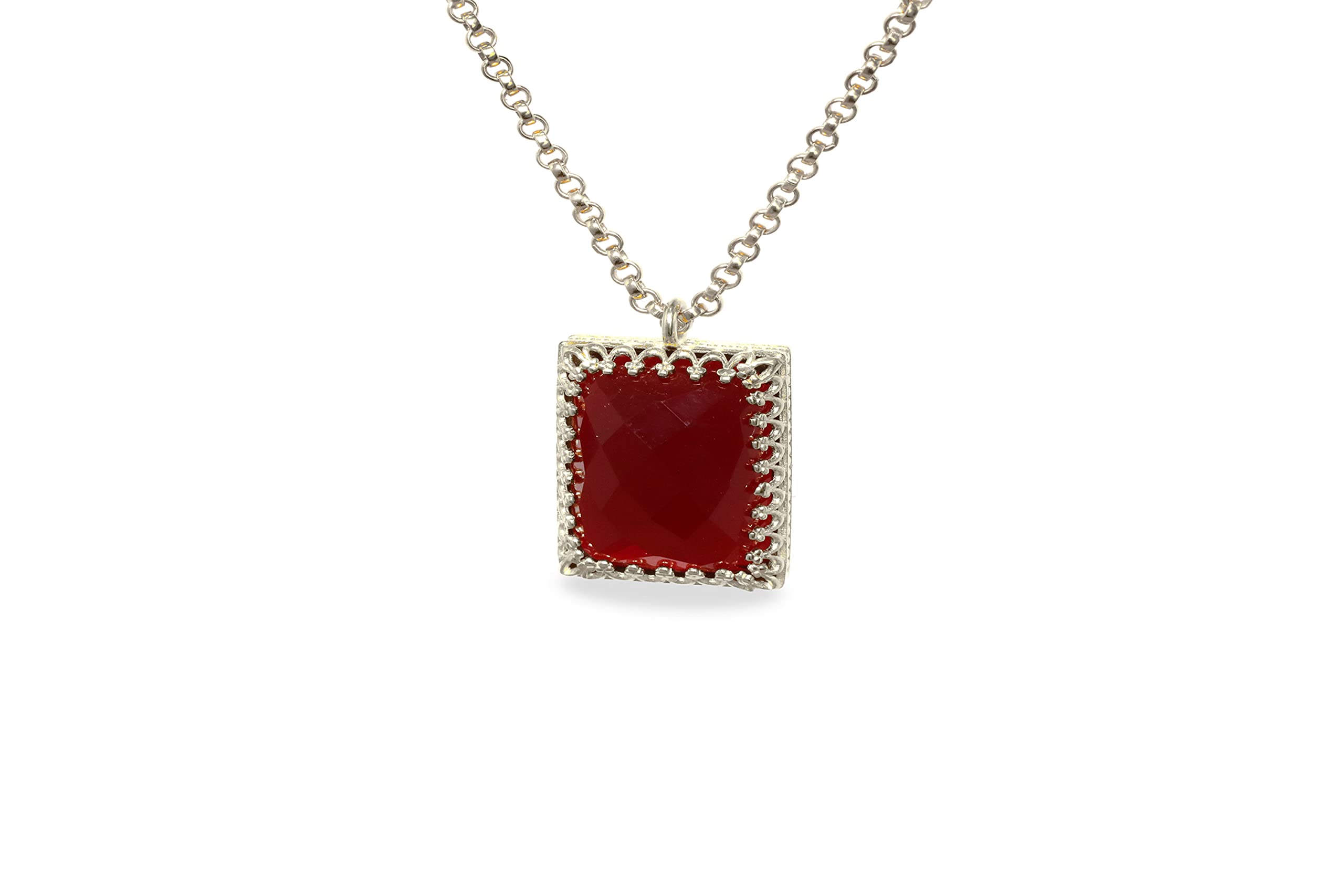 Radiant Garnet Gemstone Necklace - Elegant Square Cut Red Pendant Necklace for Women | January Birthstone Jewelry with Fine Engraving | Fashionable Statement Necklace for Date Night, Office Wear & Special Occasions