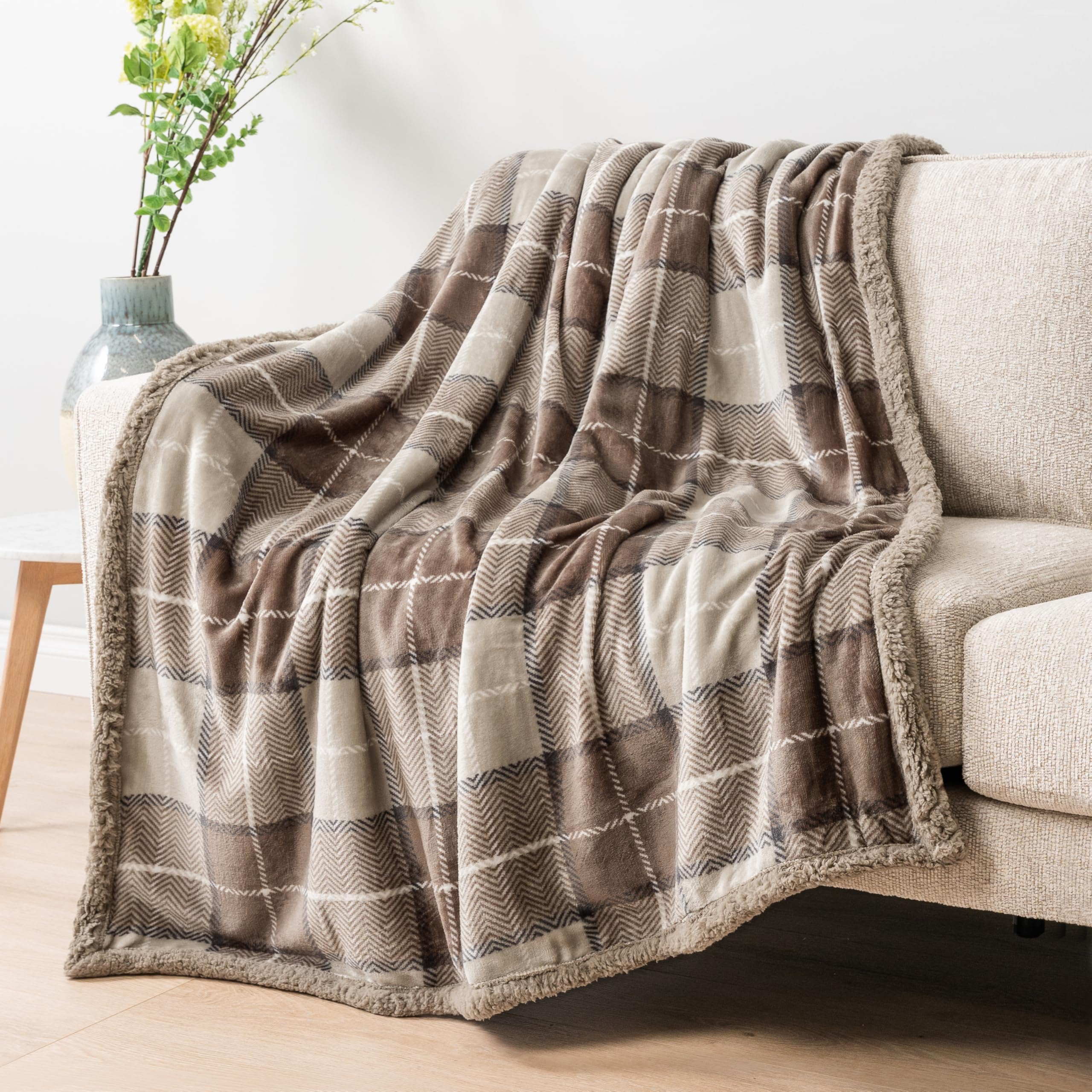 PAVILIA Taupe Plaid Sherpa Throw Blanket - 60x80 Inches Soft Fuzzy Fleece Blanket for Couch, Bed & Winter - Cozy Cabin Decor & Warm Gift for Women, Men, Twins - Perfect for Living Room, Sofa, Dorm & Fireplace Snuggling