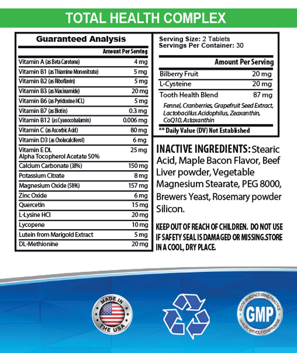 Premium Dog Skin & Coat Supplement - Total Health Complex for Dogs with Vitamins E, Immune Support, Eye & Teeth Care - Natural UTI Relief - 60 Soft Chews (Great for Daily Wellness & Allergy Season)