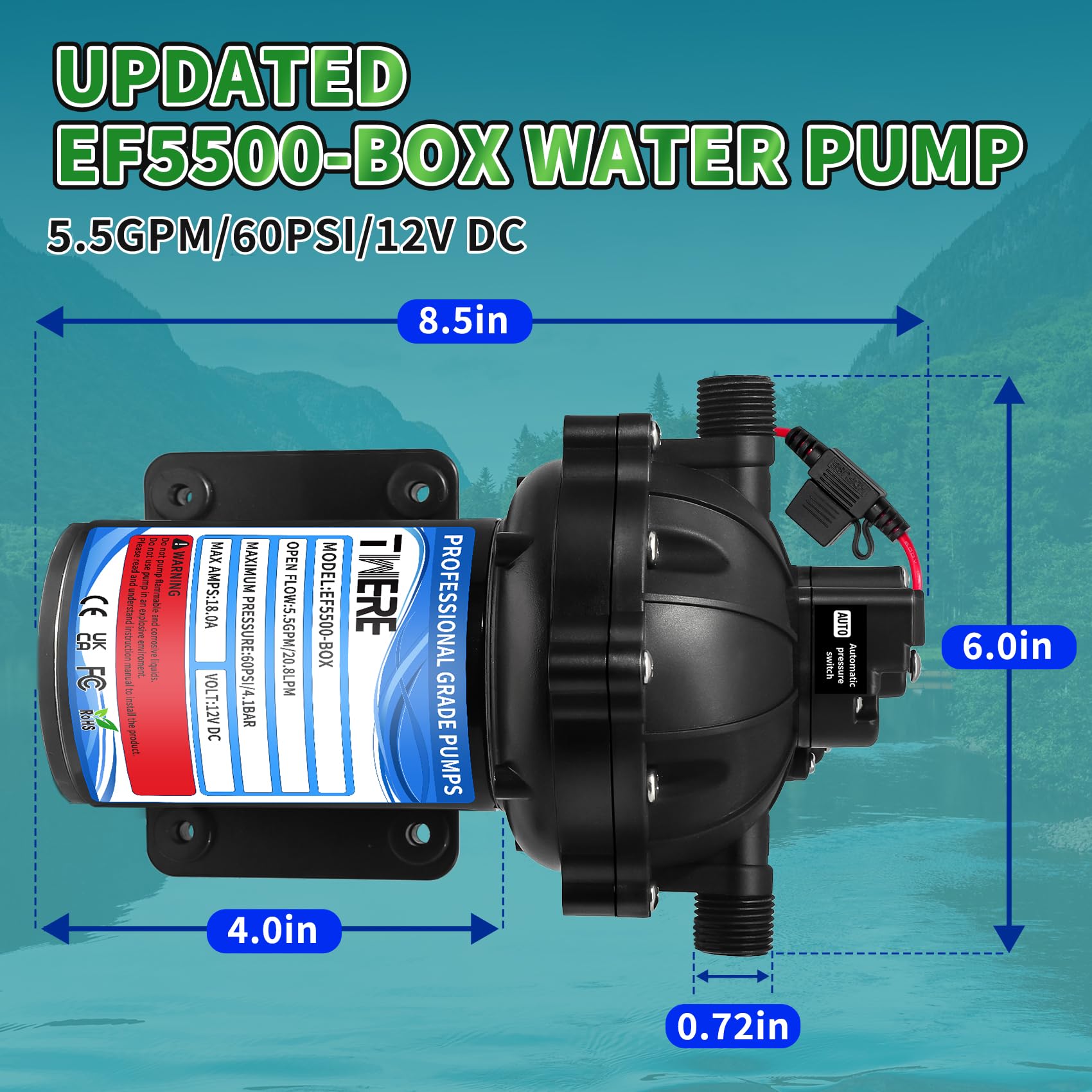 EF5500-BOX 12V Diaphragm Water Pump, 5.5GPM 60PSI Self-Priming Pump with 1/2